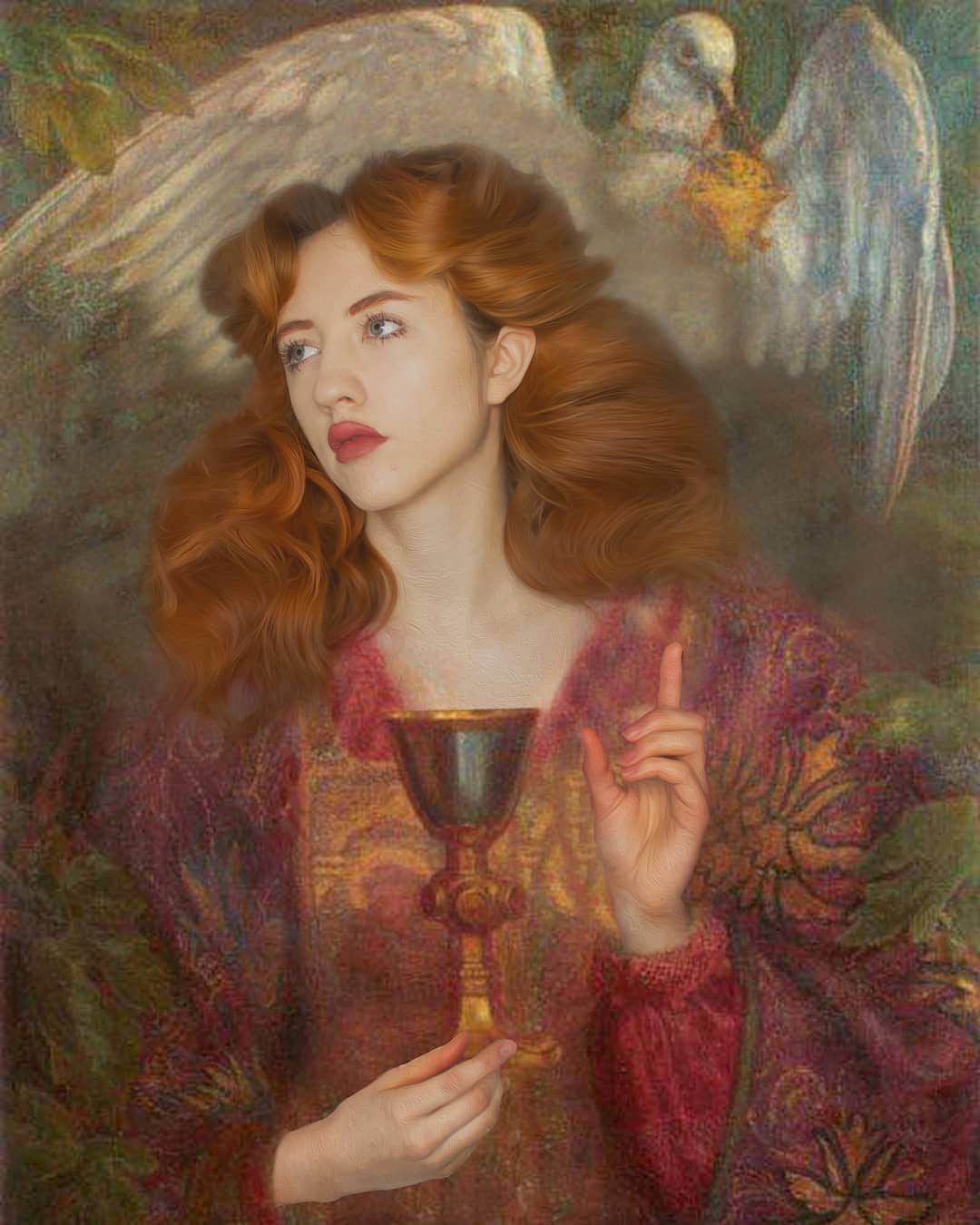 ベッキー・クルーエルのインスタグラム：「damsel of the sanct grael, 1874, rosetti . sometimes you just need to get something out of your life so you can move on to the next. life got in the way and I wasn't able to finish this project until tonight. hope you have enjoyed these recreations! I'm going to take a break from them and go back to some more normie posts, but I'll do some more Photoshop soon, I have lots of ideas!」