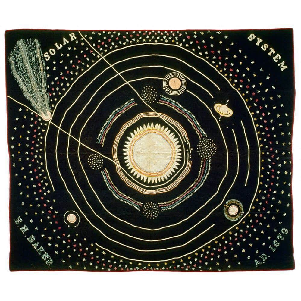 国立アメリカ歴史博物館さんのインスタグラム写真 - (国立アメリカ歴史博物館Instagram)「This "Solar System" quilt was made by Ellen Harding Baker of Cedar County, Iowa, in 1876. We think it's ... out of this world. 😎 🚀  Baker used the quilt as a visual aid for lectures she gave on astronomy. According to the New York Times, the quilt was "seven years in making" and Baker "went to Chicago to view the comet and sun spots through the telescope that she might be very accurate." 🔭  Although her quilt was unusual, Baker's passion for science and outer space was not; astronomy was considered an "acceptable" interest for women in the 1800s. Despite the hurdles they faced, women secured a place for themselves in the field.  Spot the comet in Baker's quilt? Follow the link in our bio to learn about Maria Mitchell, a pathbreaking astronomer who discovered a comet at the age of 29: s.si.edu/Mitchell  #AmericanHistory #WomensHistory #IowaHistory  #WomensHistoryMonth #BecauseOfHerStory  #WomenOfSTEM #HistSTEM #AstronomyHistory  #TextileHistory #Textiles #QuiltHistory #Quilts #IGQuiltFest #QuiltsOfInstagram.」3月17日 7時13分 - amhistorymuseum