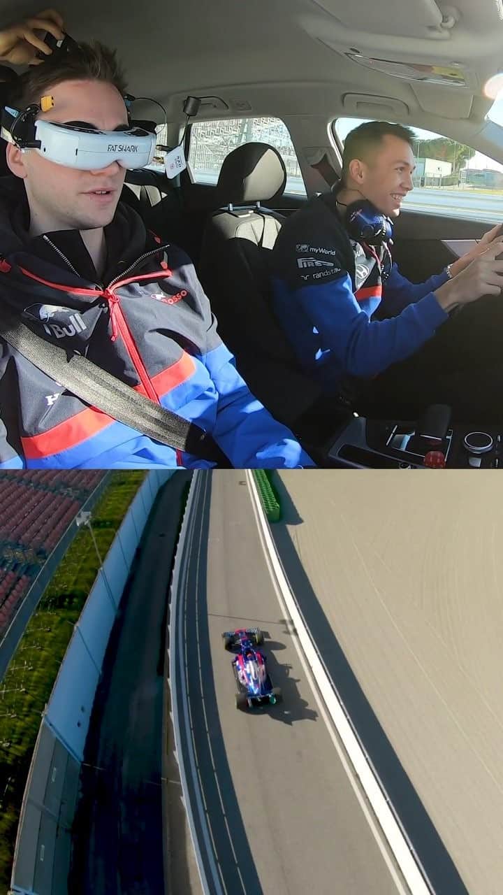 のインスタグラム：「@johnny_fpv and @alex_albon are drone chasing @dannydk1 in the brand new Scuderia Toro Rosso Formula 1 car 😎 @redbullmotorsports #formula1 #motorsport #tororosso #redbull #drone」