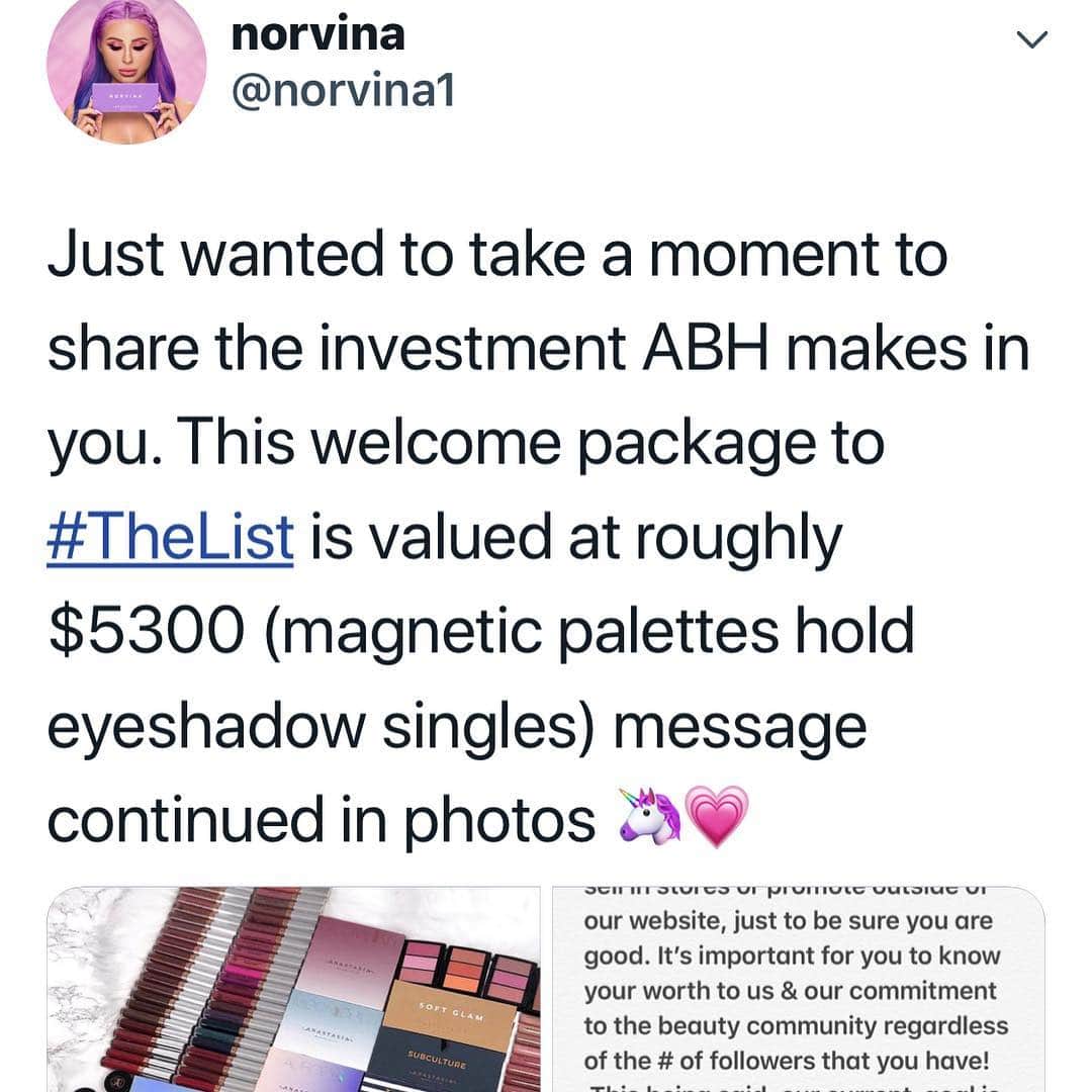 Anastasia Beverly Hillsさんのインスタグラム写真 - (Anastasia Beverly HillsInstagram)「Sharing @norvina message posted. We 💗 our social media family 🙏🏼 . 🦄MESSAGE  BELOW 🦄 . .  Just wanted to take a moment to share the investment ABH makes in you. This welcome package is valued at roughly $5300 (magnetic palettes hold eyeshadow singles) 🦄  Each time we add someone to #THELIST we send a huge package to set you up for your own makeup & for clients, if you have them.  We will send you every brush we make, that we don’t sell in stores or promote outside of our website, just to be sure you are good. It’s important for you to know your worth to us & our commitment to the beauty community regardless of the # of followers that you have!  This being said, our current goal is to add 1000 new artists to our existing list, 600 more to go 🦄💗 #anastasiabeverlyhills #norvina」3月17日 13時00分 - anastasiabeverlyhills