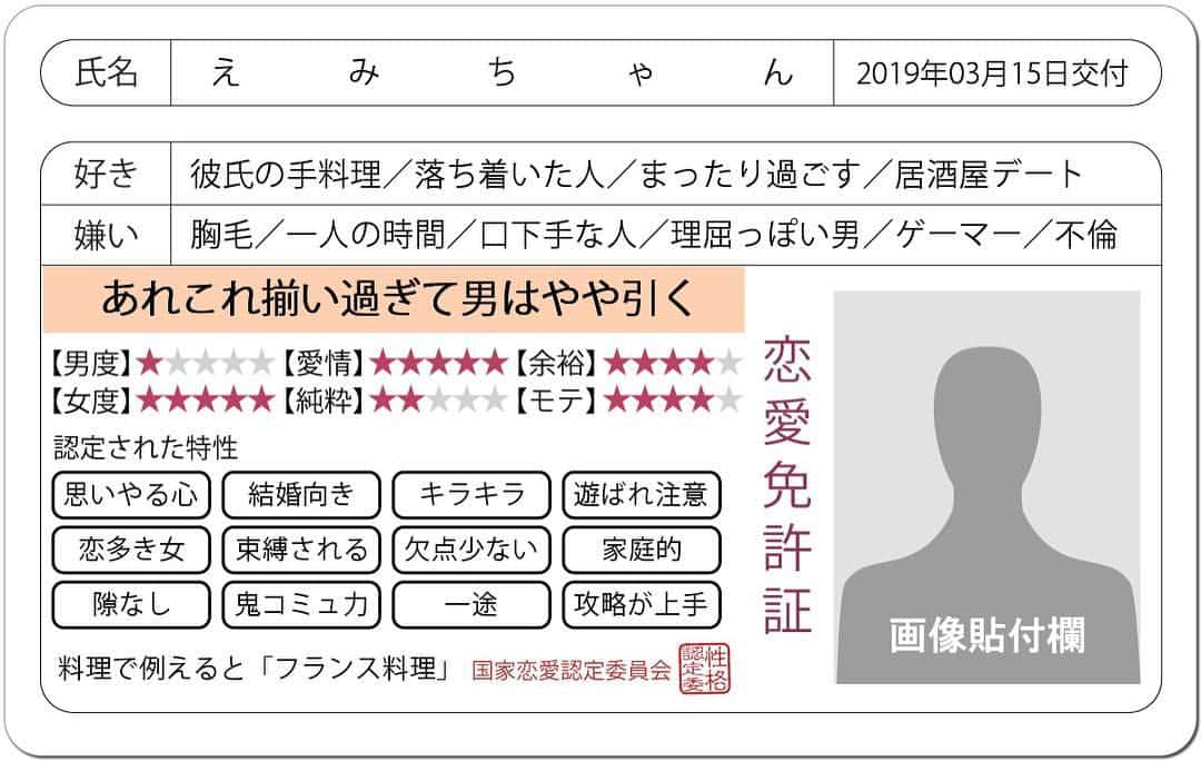 日之内エミさんのインスタグラム写真 - (日之内エミInstagram)「続きまして恋愛免許証  めっちゃ女子な私🤣🤣🤣 みんなもやってみてねください😂」3月17日 13時38分 - emihinouchi