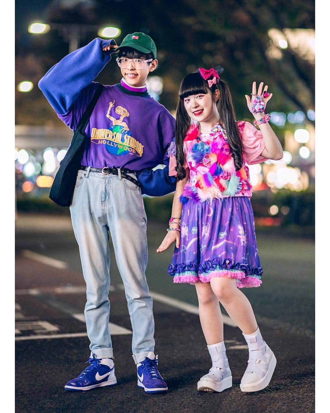 Harajuku Japanさんのインスタグラム写真 - (Harajuku JapanInstagram)「Japanese teens Soso (@soso_americanboy) and Miori (@miori06kidz) on the street in Harajuku wearing colorful fun fashion including a vintage E.T. shirt from Pinnap, 6%DOKIDOKI top and skirt, Peco Club, Hello Kitty, Kiki2, Tokyo Bopper, and Nike.」3月17日 14時29分 - tokyofashion