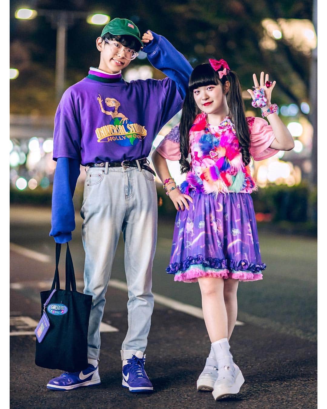 Harajuku Japanさんのインスタグラム写真 - (Harajuku JapanInstagram)「Japanese teens Soso (@soso_americanboy) and Miori (@miori06kidz) on the street in Harajuku wearing colorful fun fashion including a vintage E.T. shirt from Pinnap, 6%DOKIDOKI top and skirt, Peco Club, Hello Kitty, Kiki2, Tokyo Bopper, and Nike.」3月17日 14時29分 - tokyofashion