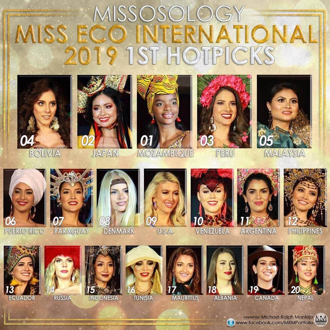 のインスタグラム：「First hot pick by Missosology! Placed No.2!🙏 ・ 中間優勝予想 第2位です🇯🇵 世界最大手ミスコン分析サイトより。 ・ 気を抜かずに1日1日を大切に挑みます💪👑 ・ ・ ———————————————— Here's Missosology's Miss Eco International 2019 1st Hot Picks based largely on the tremendous amount of feedback from missosologists & first impressions. Take note that the list is subject to change as the competition progresses.  1. Mozambique 2. Japan 3. Peru 4. Bolivia 5. Malaysia 6. Puerto Rico 7. Paraguay 8. Denmark 9. USA 10. Venezuela 11. Argentina 12. Philippines 13. Ecuador 14. Russia 15. Indonesia 16. Tunisia 17. Mauritius 18. Albania 19. Canada 20. Nepal  #MissEcoInternational2019 ————————————————- ・ #missecointernational #experienceegypt #thisisegypt #egypt #beautypageant #missecojapan #missecojapan2019 #missecointernational2019 #ミスコン #ミスエコインターナショナル #ミスエコ #ミスジャパン #エジプト #世界大会 #撮影 #almasahotel #Cairo #experienceegypt #エジプト #カイロ #hotpicks #missosologyhotpicks」