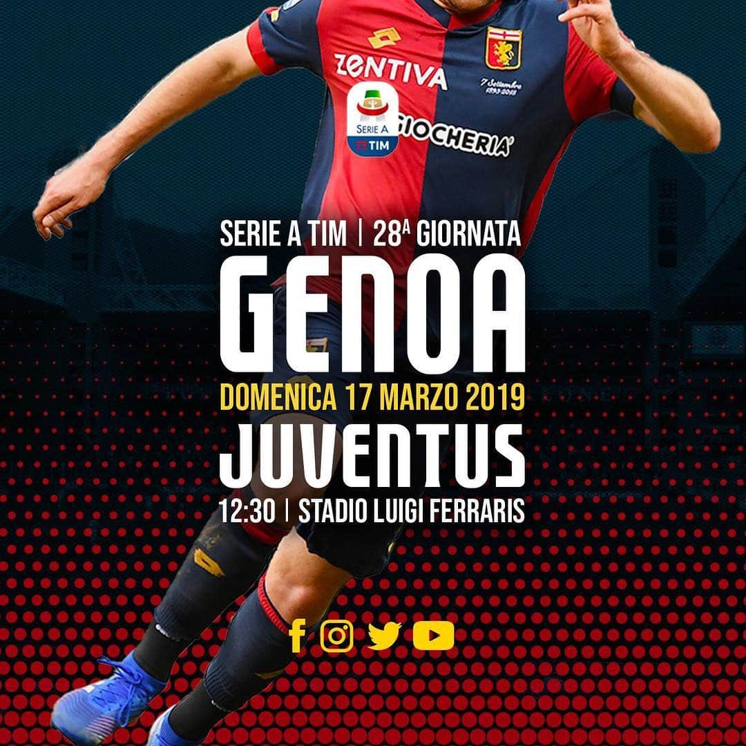 ジェノアCFCさんのインスタグラム写真 - (ジェノアCFCInstagram)「👊 MATCH DAY! 🏆 Lega Serie A 🆚 Juventus 🗓️ Domenica 17 marzo ⏲️ Ore 12:30 🏟️ Stadio Luigi Ferraris 📲 Segui la partita sui nostri canali social ➡️ #GenoaJuventus 🔴🔵 #ForzaGenoa」3月17日 17時10分 - genoacfc