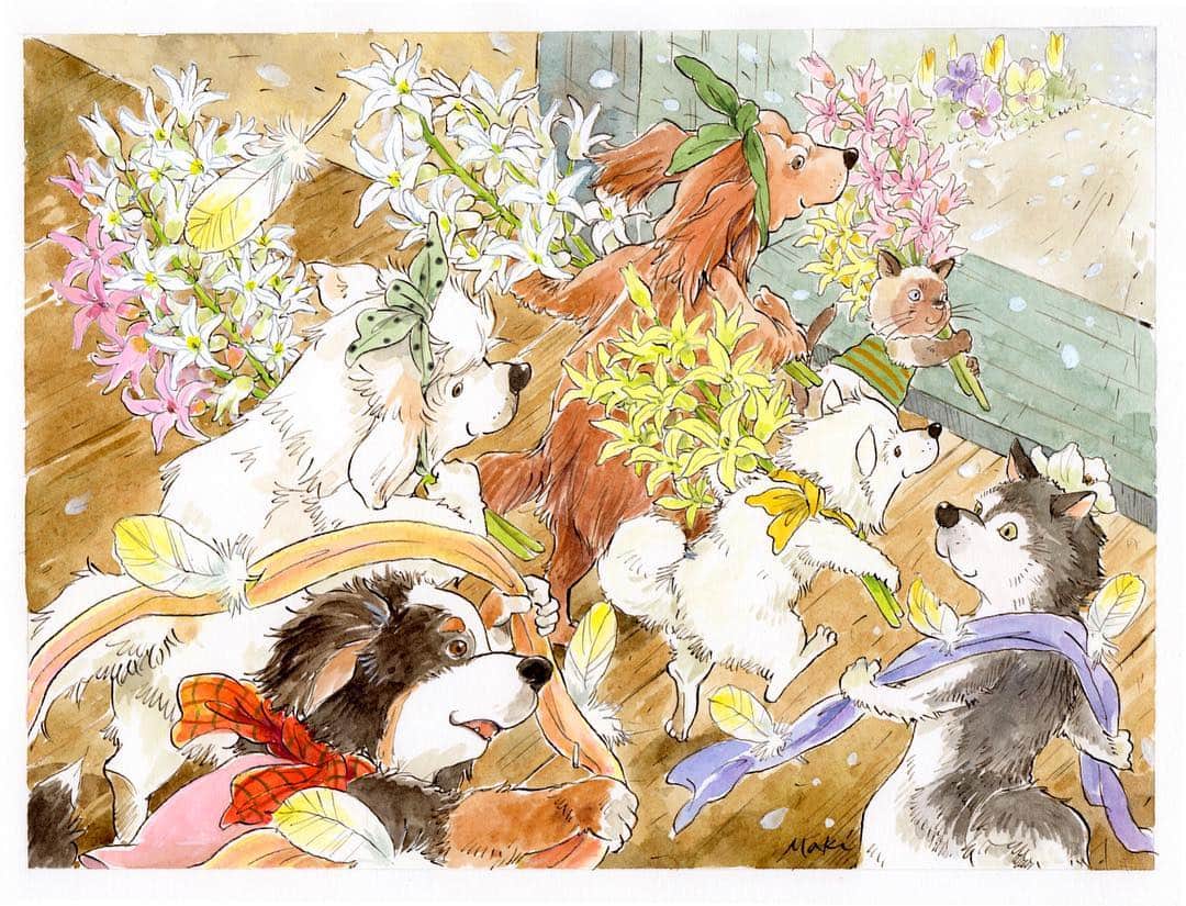 イラストレーター山崎牧子さんのインスタグラム写真 - (イラストレーター山崎牧子Instagram)「Fairies Calendar  2019 今日はまた、冬に逆戻り したような冷たい風がふき ましたね。寒さにも元気な 犬たち🐶💕 #illustration#watercolorpainting#dog#spring#illustrator#artwork#flower#犬#グレートピレニーズ#バーニーズマウンテンドッグ#春#ヒヤシンス#花#イラスト#イラストレーター#水彩画」3月17日 19時19分 - makiko.inatome