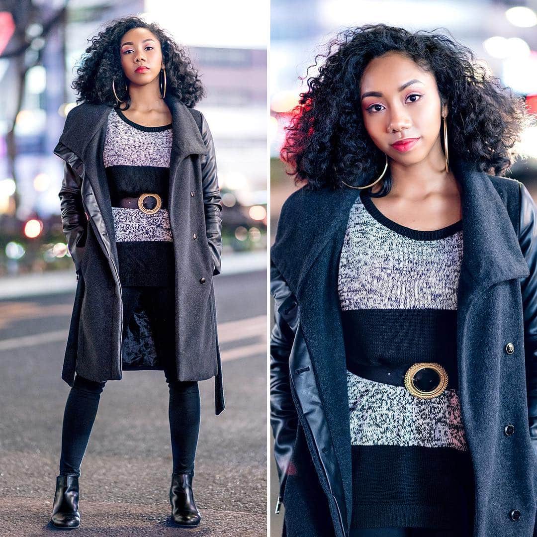 Harajuku Japanさんのインスタグラム写真 - (Harajuku JapanInstagram)「Japanese dancer Katie (@3ntertainer) on the street in Harajuku wearing a Bershka coat over a knit sweater, a belt from H&M, skinny jeans, hoop earrings, and booties by the Japanese brand Randa.」3月17日 21時32分 - tokyofashion