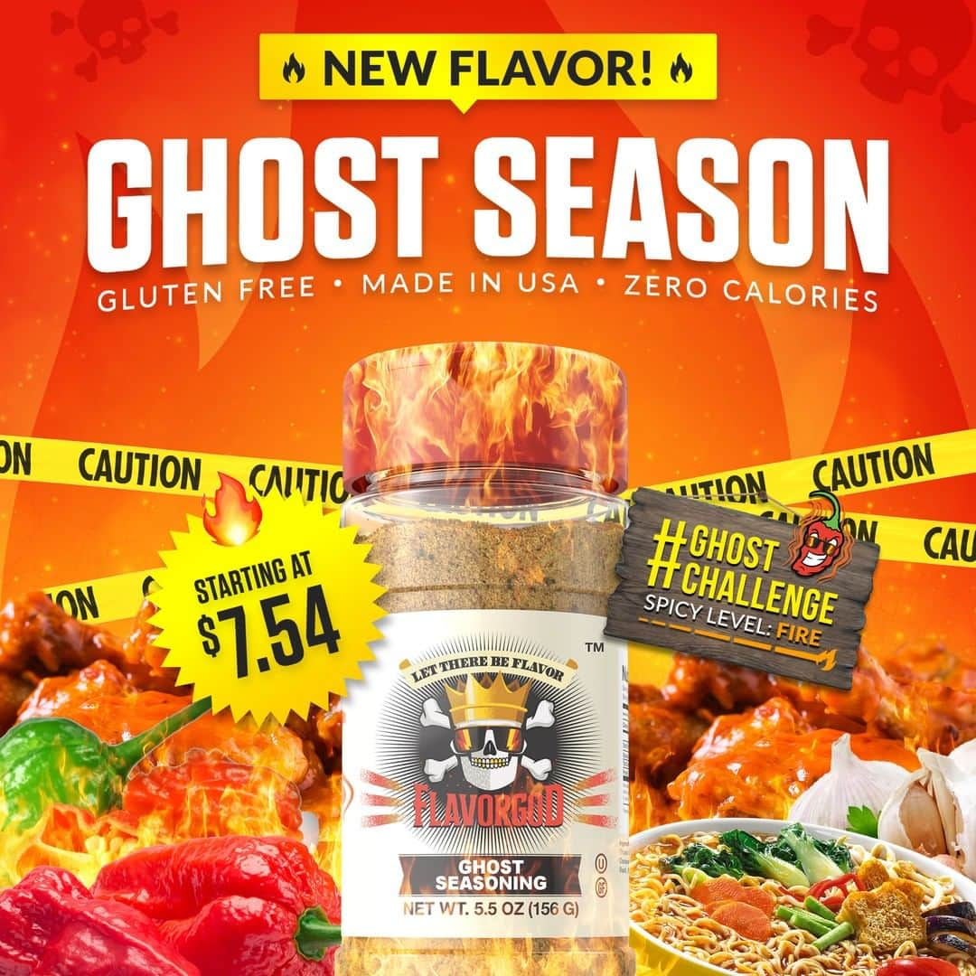 Flavorgod Seasoningsさんのインスタグラム写真 - (Flavorgod SeasoningsInstagram)「NEW FLAVOR ALERT - GHOST SEASONING 💀💀💀⁣ .⁣ 🔥Calling all fire breathers! My Newest spicy creation - Ghost Seasoning is made with high-quality ghost chilis, garlic, onion, herbs and a bit of magic to make for an all-purpose (spicy) seasoning. These flavors will make you feel alive with every delicious bite of food you sprinkle it on.⁣ .⁣ 🔥Made in small, limited batches so get yours today!!!⁣ .⁣ Ingredients: garlic, onion, sea salt, ghost chili, black pepper, coriander, cayenne pepper, basil, parsley and cumin.⁣ .⁣ www.flavorgod.com⁣」3月17日 23時00分 - flavorgod