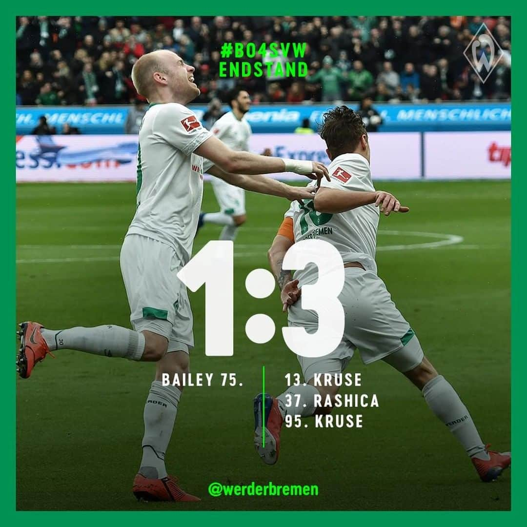 ヴェルダー・ブレーメンさんのインスタグラム写真 - (ヴェルダー・ブレーメンInstagram)「JAAA! Kraftakt mit glücklichem Ende! 💚  _______ #werder #bremen #svw #b04svw #Bundesliga #nordphoto」3月17日 23時27分 - werderbremen