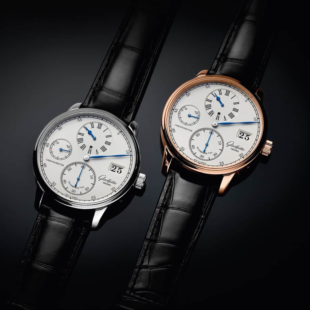 のインスタグラム：「Available in glistening 18 ct white gold or fiery 18 ct red gold, the Senator Chronometer Regulator, on the surface at least, has two distinctly different personalities. Inside it is a different story altogether: both versions are equally refined, accurate and precious as they are powered by the exquisitely finished, hand-wound Calibre 58-04.  #GlashütteOriginal #GlashuetteOriginal #SenatorChronometerRegulator #redgold #regulator #whitedial #madeingermany #watchmakingart #winterstyle」