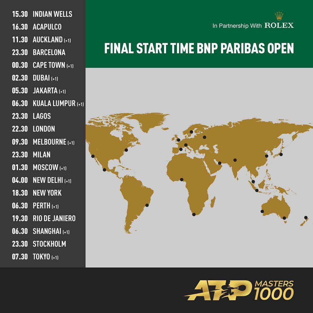 ATP World Tourさんのインスタグラム写真 - (ATP World TourInstagram)「Start times across the world for the @bnpparibasopen final! ⏰ . Where in the 🌎 are you watching from? . #BNPPO19 | #TennisParadise」3月18日 3時52分 - atptour