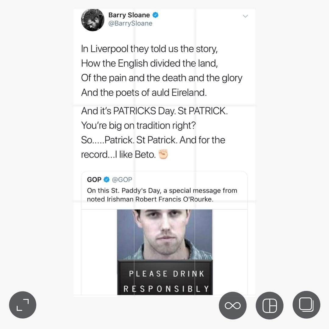 バリー・スローンさんのインスタグラム写真 - (バリー・スローンInstagram)「Meanwhile....over on twitter. #HappyStPatricksDay Proud Irish heritage. Link In Bio 👍🏻 In Liverpool they told us the story, How the English divided the land, Of the pain and the death and the glory And the poets of auld Eireland.  And it’s PATRICKS Day. St PATRICK. You’re big on tradition right? So.....Patrick. St Patrick. And for the record...I like @betoorourke ✊🏻✊🏼✊🏽✊🏾✊🏿」3月18日 7時26分 - barrypaulsloane