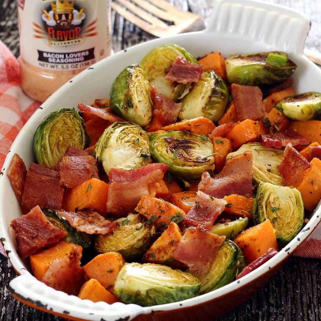 Flavorgod Seasoningsさんのインスタグラム写真 - (Flavorgod SeasoningsInstagram)「ROASTED BRUSSELS SPROUTS, BACON & SWEET POTATOES 🥓🥔🌿⁣ -⁣ Made with:⁣ 👉 #flavorgod Bacon Lovers⁣ -⁣ On Sale here ⬇️⁣ Click the link in the bio -> @flavorgod⁣ www.flavorgod.com⁣ -⁣ A sweet and savory side dish from @paleo_newbie_recipes⁣ -⁣ INGREDIENTS:⁣ ⁣ 4 slices bacon, chopped (reserve 2 tbsp of the bacon fat)⁣ 1 lb peeled and diced raw sweet potatoes or yams⁣ About 10 Brussels sprouts, halved or quartered⁣ 1 clove garlic, minced ⁣ 1/2 tsp rosemary⁣ 1/2 tsp parsley⁣ 1 tsp @flavorgod BACON LOVERS Seasoning⁣ Salt & pepper – to taste⁣ Olive oil, if needed.⁣ ⁣ INSTRUCTIONS:⁣ ⁣ Cook bacon just until browned. Leave about 2 Tbsp of bacon fat in the skillet.⁣ --⁣ Add sweet potatoes to skillet and cook over medium-high heat, stirring occasionally until tender – about 6-8 minutes.⁣ --⁣ Reduce heat to medium and add chopped bacon, Brussels sprouts, ginger, and the garlic to skillet. Sprinkle with @flavorgod BACON LOVERS Seasoning and cover skillet for a few minutes to merge flavors, stirring occasionally. ⁣ --⁣ Uncover skillet and continue to cook 3-5 minutes longer, or until sprouts are wilted and lightly browned. Add a little olive oil if needed to finish cooking. ⁣ –⁣ Season with salt, pepper and an extra dash of @flavorgod BACON LOVERS if desired. Serve hot and enjoy.」3月18日 10時00分 - flavorgod