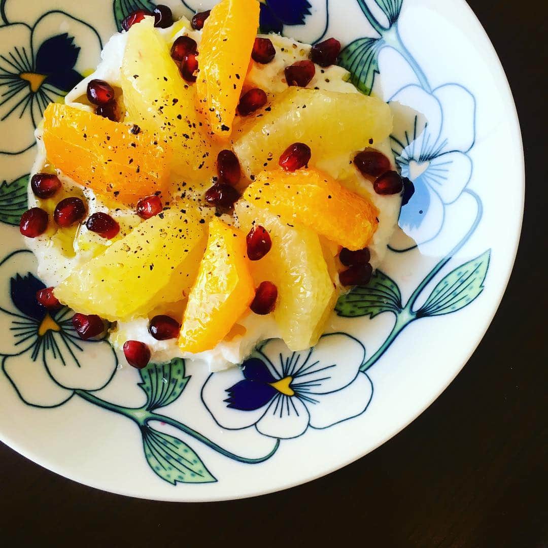 のインスタグラム：「柑橘＋ギリシャヨーグルトを塩胡椒オリーブオイルで食べるのにハマり中。ざくろがあればそれも。今日はメローゴールドと清美ちゃん。メローゴールド、最近食べ始めたけれど、苦味が少なくみずみずしくておいし。 #朝フルーツ #ギリシャヨーグルト」