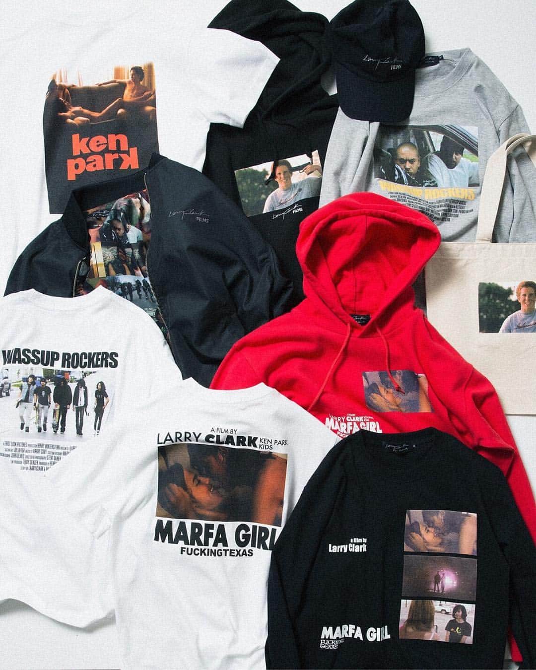のインスタグラム：「… LARRY CLARK for BEAMS T 3.23(Sat) RELEASE ・ 写真家であり、映画「KIDS」の監督でも有名なLarry Clark(ラリー・クラーク)と＜BEAMS T＞が2回目となるコラボレーションアイテムを3月23日(土)に発売します。 今回のコラボレーションでは、ユースカルチャーを生々しく描いた映画作品である「Marfa Girl」、「KEN PARK」、「WASSUP ROCKERS」の3作品をフィーチャーした Tシャツ、ロンT、パーカー、ブルゾンなどを展開します。 #larryclark #larryclarkfilm #larryclarkforbeams #beams #beamst」