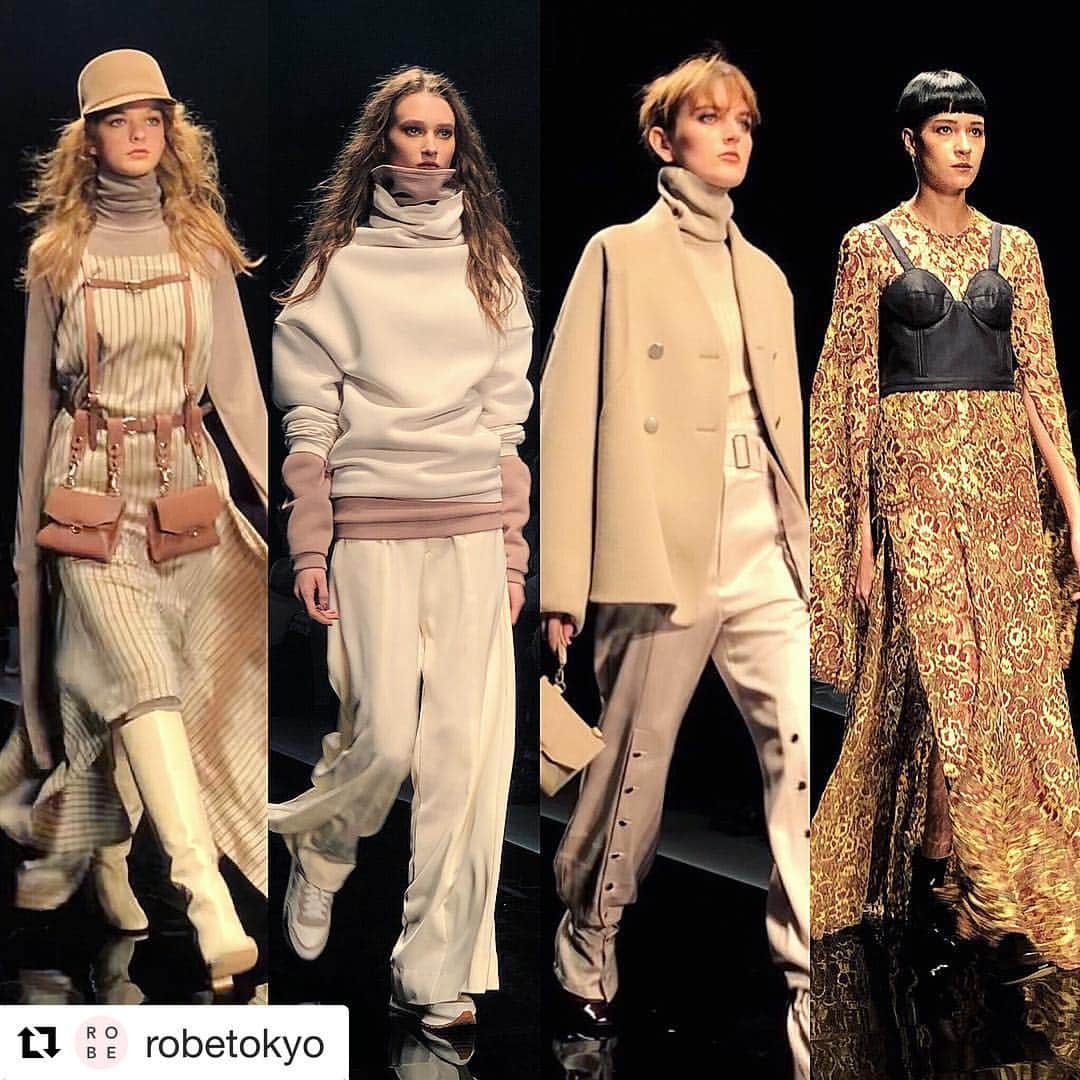 azのインスタグラム：「リポスト魔になりますゆえ、よろ #Repost @robetokyo with @get_repost ・・・ 日本のファッションウィーク #AmazonFWT 19AWがスタート👏今季もできるだけレポしていくので #ROBE東コレ隊 で追いかけてね😉 ROBEの一発目は先シーズンしたばかりの #aoiwanaka 💥今季はReward of holiday「休日のご褒美」をテーマに休日のリラックス、エレガント、どちらも楽しむ女性を描きました💍 ・ きっかけは先シーズンの展示会に来てくれた人々。働いていたりお子さんがいたり、それぞれ環境は違うけれど#aoiwanaka のお洋服に抱く感情は同じでした。「ステキ」で繋がる瞬間こそ、ファッションの醍醐味ですよね。彼女たちがもっと心地よく着られる服を作るためにこのテーマが誕生したのです😌 ・ デザイナーの和中さんは元々普通の会社員をしていたのですが、ファッションが好きすぎるあまり一念発起して学校へ通いデザイナーに転身。「着ることが大好き」という感情が根にあるので、彼女のコレクションはいい意味で身近なんだと思います。例えば洗濯できるウルトラスエードのアウターや、 ・ バッグが取り外せるハーネスだったり、利便性も忘れていません。可愛くても着るのがためらわれたらもったいないですもんね...💛重い素材と軽い素材をレイヤードしてメリハリをつけたり、同じアイテムを重ねて捲って遊んでみたり、ランウェイにも着こなしのヒントがたくさん！さてどれを真似しよう🐧 ・ #アオイワナカ #ROBE東コレ隊 #AmazonFWT #東コレ #fashionweek #19aw #AmazonFashionWeekTOKYO #ファッションショー #ランウェイ #AFWT #アマゾンファッションウィーク #2019aw #ROBEtokyo #越境レディ #tokyo #东京 #도쿄 #동경」