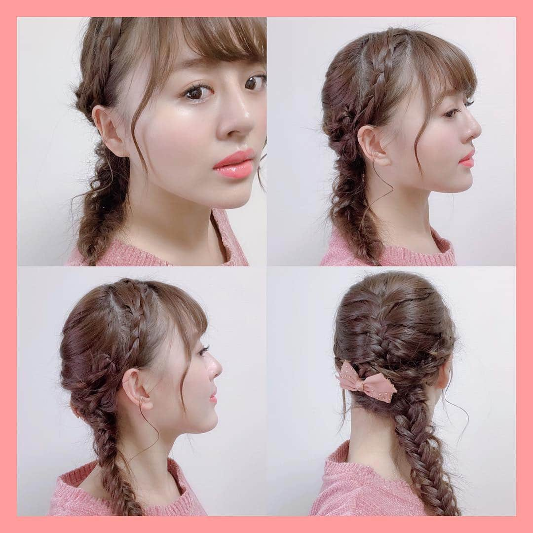 真衣ひなのさんのインスタグラム写真 - (真衣ひなのInstagram)「. ヘアアレンジ紹介｡･*･:≡(　ε:) . 💈編み込み×フィッシュボーン 顔まわりは毛先まで編み込み。 後ろ髪は毛先までフィッシュボーンに。 軽く編み目から髪を引き出す。 (顔まわりの髪はあまり引き出さない) フィッシュボーンの上を通るようにして 右の編み込みは左へ、左は右へ持っていく。 毛先を内側に折り込んでゴムを隠して ピンで固定。フィッシュボーンの根元も 固定するイメージ。飾りピンを付けて完成！ . #フィッシュボーンのネックは #工程ではなくほどく時 #少し面倒なのと少し髪にダメージ受ける #しかし出したい #こなれ感 #ご無沙汰してました #ひなのへあかたろぐ」3月18日 20時21分 - hinano_mai