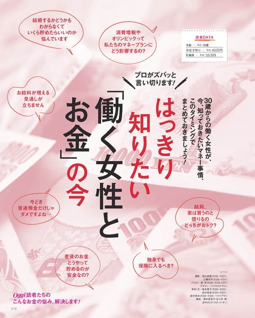 のインスタグラム：「お金に関するさまざまなギモンや不安…将来を見据えてはっきりしておきたいですよね。お金の最新事情から貯め方、増やし方、稼ぎ方…そして家を買うのにオススメの時期は？など、30歳からの働く女性が今、知っておきたいマネー事情をお金のプロに聞きました！ Oggi4月号『はっきり知りたい「働く女性とお金』の今」企画、必見です！ #雑誌oggi #Oggi4月号 #お金 #マネープラン #消費増税 #貯金 #つみたてNISA」
