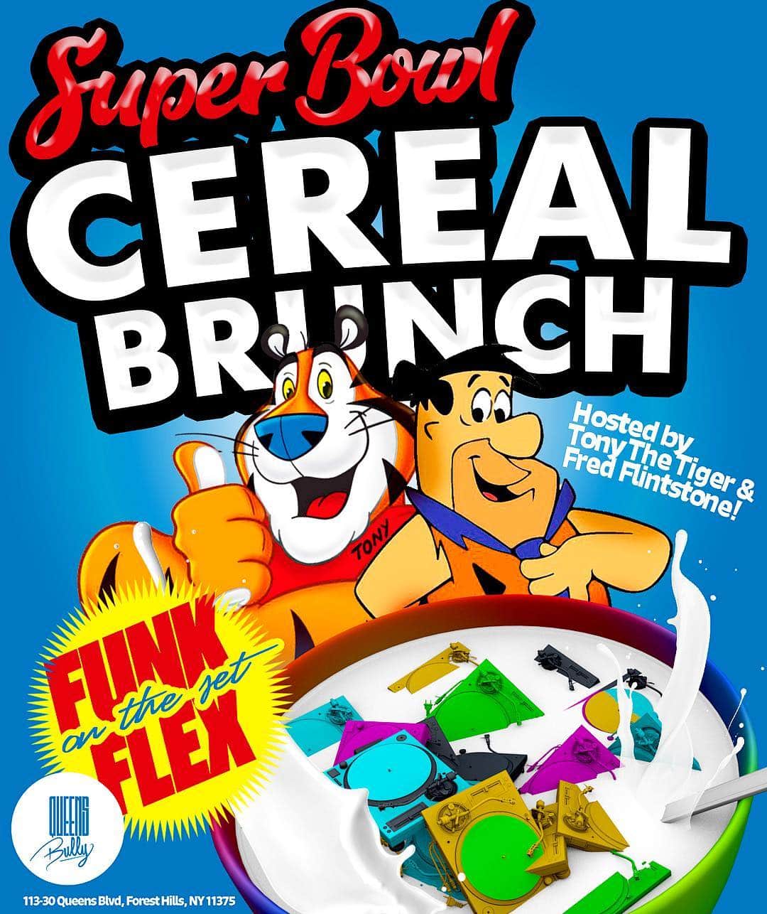 ファンクマスター・フレックスのインスタグラム：「#SuperBowlCerealBrunch !!!!!! Y’all ready!!!! @funkflex x @juganot x @tatwza x @djhrnyc !!!!!! Queens Bully Brunch!!!!! STAND BY FOR DATE! What cereal should we have at Cereal Brunch?」