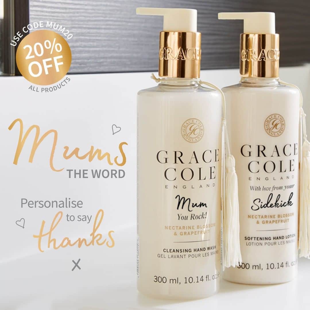 Grace Coleさんのインスタグラム写真 - (Grace ColeInstagram)「Give the gift of a glamorous personalised bath & body treat this Mother's Day.  Use code MUM20 for 20% discount on all orders.  #HappyMothersDay #mum #mom #mother #grandmother #love #pamper #indulge #treat #gift #love #hug #mothersday #loveyoumum #flowers #fragrant #personalisedgifts #personalisation #pampersets #specialoffer #exclusiveoffer」3月19日 1時35分 - gracecoleltd
