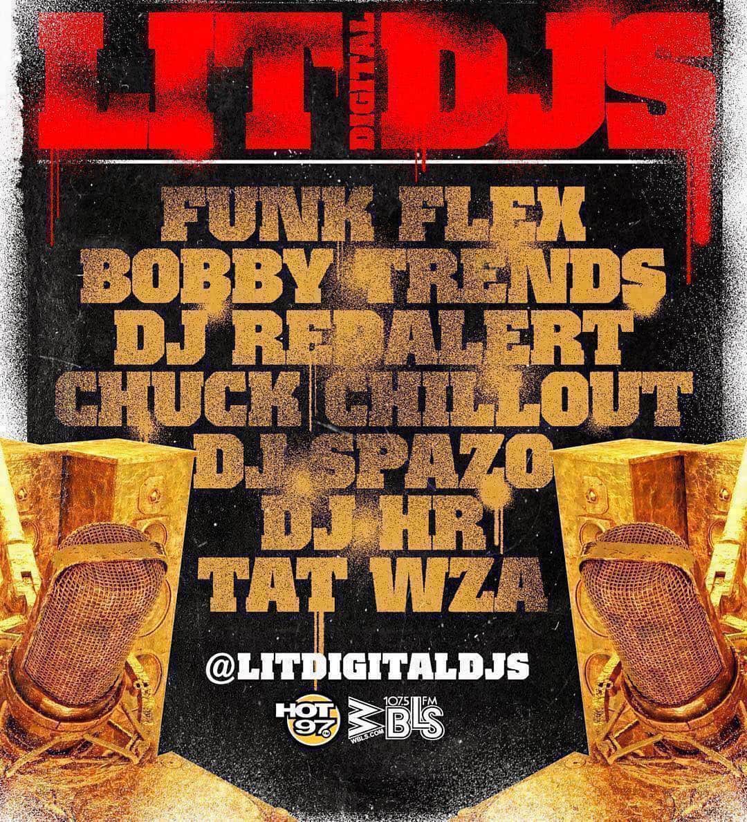 ファンクマスター・フレックスのインスタグラム：「@litdigitaldjs  @funkflex  @djbobbytrends  @kooldjredalert  @djchuckchillout  @djspazo  @djhrnyc  @tatwza  LITDIGITALDJS@GMAIL.COM  Booking info: @novanyc x @joejaxson x @iamjeffthedon」