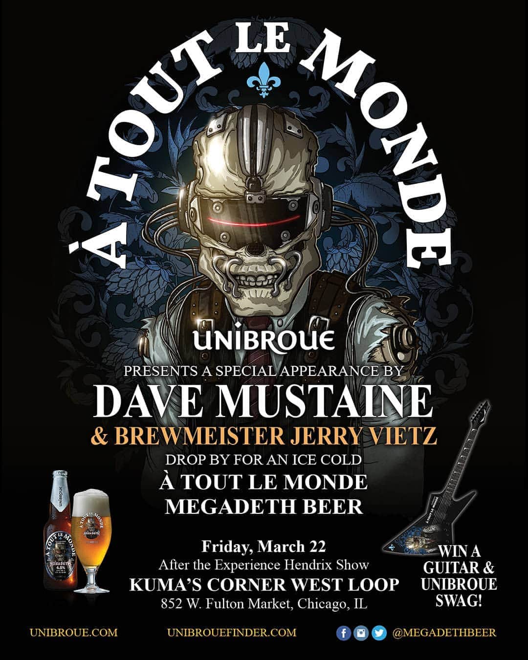 Megadethさんのインスタグラム写真 - (MegadethInstagram)「Come hang with Dave Mustaine and Unibroue brewmeister, Jerry Vietz at Kuma’s Corner in Chicago on Friday, March 22, after the #ExperienceHendrix show! Join us for a Megadeth Burger and #MegadethBeer! See you there! 🍺」3月19日 4時21分 - megadeth