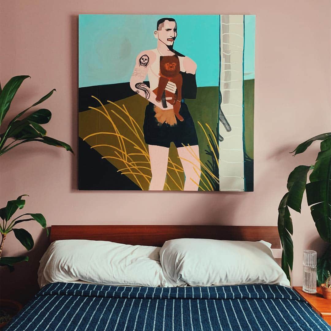 Paul Octaviousのインスタグラム：「Finally found a beautiful original painting for my bedroom by @katie.a.hammond! The detail of the dog shadow on the tree gets me 😍 I like to think that the banana plant to the right of my room is the top of the tree in the painting 🌴」