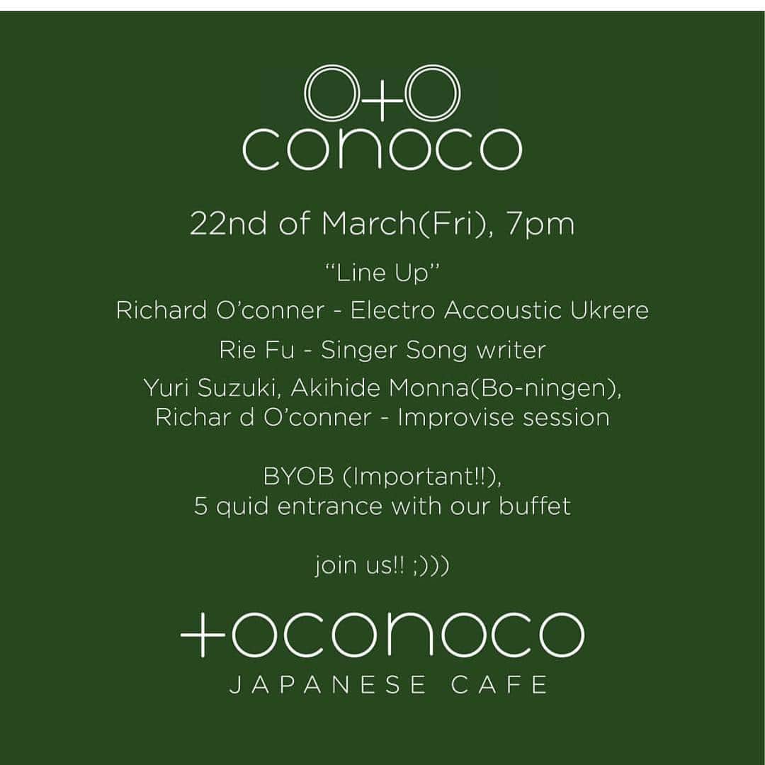 のインスタグラム：「This Friday!! I’m playing live @toconoco , a wonderful Japanese cafe in Hackney. #riefu #live #performance #music #gig #event #london #uk #cafe」