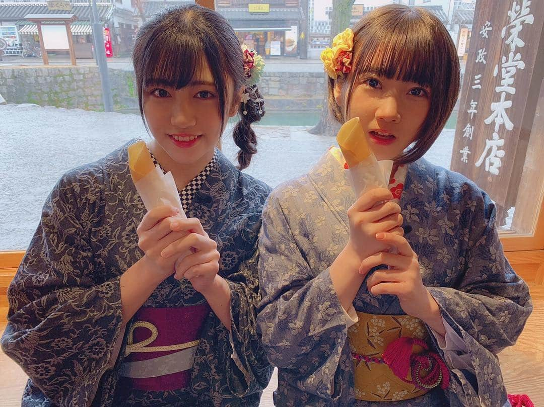 STU48さんのインスタグラム写真 - (STU48Instagram)「* 倉敷美観地区を満喫🍵 * #STU48 #磯貝花音 #甲斐心愛 #デニム着物 #岡山県 #倉敷美観地区 #廣榮堂」3月19日 18時30分 - stu48.official