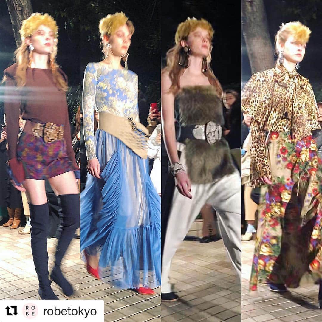 azのインスタグラム：「エモいって言葉ちゃんと考えてからつかえよな、いいかわかったか #Repost @robetokyo with @get_repost ・・・ THE Dallasは青山の洋館Leau a la boucheで開催。テーマは『EMO』 席にはSelva Oscuraと名付けられたブランド初の香水が置かれています。それは夜の森を彷徨うような深く怪しげな香りと、その後に待つ（望む）暖かな暖炉のような香り。洋館の中庭は喧騒から離れ息つくのにちょうど良い。 ・ 私たちの人生の歩みの途中で 私は暗い森の中にいました まっすぐな道が失われたこと  ダンテ『新曲』の言葉がリリースに書かれています。テーマの『EMO』は「エモい」のエモ。でもその意味って？ 現代のネット社会は自由かと思えば「言いたいことが言えない」現実。それはまさに暗い森を彷徨うよう。 ・ ショー前にはオペラが流れていた会場も始まれば一変。アップビートな音楽に早歩きのモデルたち、ヒョウ柄やパイソン、毒々しい花や猛々しいフェイクファーなどが続々登場。 何も考えずに『そうだね』『いいよね』って言ってない？隠すなよ、自分の気持ち。闇に紛れろ、獣になれ！ ・ 一年前のコレクションでは「次のショーは時が来たら」と話していたデザイナーの田中さん。今回はフツフツと湧いてきた感情を「今出さなきゃ意味がない！」という衝動にかられ形にしたそう。暗い森を力強く突き進む獣のように本能のままに生きる勢い、最近忘れてたかも。 ・ でも最後は“ケセラセラ”、なるようになるさ♡のにんまり笑顔でフィナーレ❤️考えないのは考えものだけど、考えすぎなくても良いよってコト。こういう強いけどお茶目、みたいなところがダラスの魅力なんですよね😉それはそのまま「魅力的な現代のレディ」の条件にも当てはまるのかも👀 ・ #ザダラス #THEDallas #ケセラセラ #ダンテ #神曲 #香水 #the_dallas_lab #the_dallas #ロアラブッシュ #leaualabouche  #ROBE東コレ隊 #AmazonFWT #東コレ #fashionweek #19aw #AmazonFashionWeekTOKYO #ファッションショー #ランウェイ #AFWT #アマゾンファッションウィーク #2019aw #ROBEtokyo #越境レディ #tokyo #东京 #도쿄 #동경」