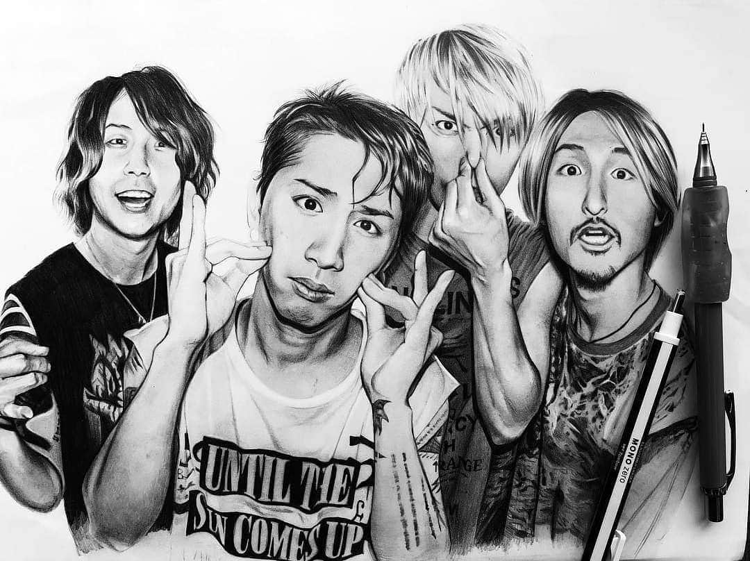 ONE OK ROCK WORLDさんのインスタグラム写真 - (ONE OK ROCK WORLDInstagram)「- Such a fancy fan art. #repost @renpiyo10969 - 初めて4人そろってるところ描いた絵です(o^^o) @julenphoto  #illustration#art #artwork #drawing #pencildrawing #oneokrockfanart #oneokrock #ワンオクイラスト部#似顔絵 - #oneokrockofficial #10969taka #toru_10969 #tomo_10969 #ryota_0809 #fueledbyramen #eyeofthestorm#fanart」3月19日 15時46分 - oneokrockworld