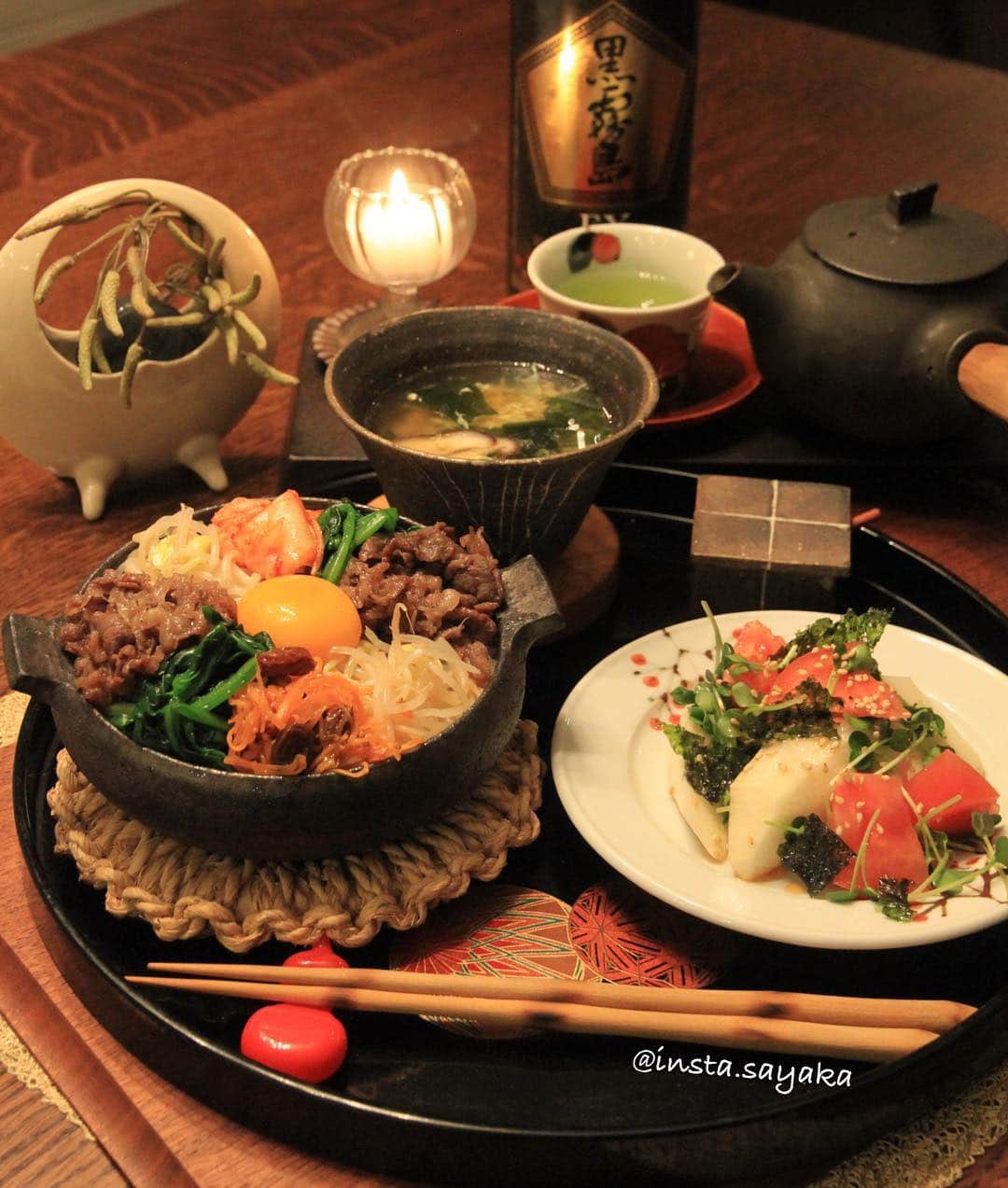 のインスタグラム：「. Today’s dinner . . 今日の晩御飯は •#ビビンバ •長芋と韓国海苔のサラダ •ワカメと卵のスープ . 野菜もりもり食べてご馳走さまでした . =============== 私のおうちごはんの記録は A record of my cooking. 我做的菜的记录 제가 만든 요리의 기록 ↓↓↓へaへaa #sayakaおうちごはん =============== . #おうちごはん #夜ご飯 #晩ごはん #夕ごはん #清岡幸道 #奥田章 #徳永遊心 #馬場勝文 #黒霧島 #テーブルコーディネート #デリスタグラマー #クッキングラム #コメスタグラマー #マカロニメイト #おうちごはん通信 #おうちごはんlover #札幌ママ #料理好きな人と繋がりたい #家庭料理 #料理女子 #料理好き #家ごはん #家呑み #晩酌 #サラダ #家庭料理 #小澤基晴 #豊かな食卓」