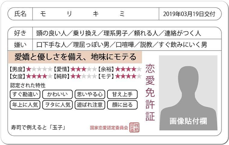 森貴美子さんのインスタグラム写真 - (森貴美子Instagram)「流行りの#免許証診断 私もやってみましたー！ #性格免許証 ↑わりと当たっててビックリ。笑  好きにイイ匂いの男子って…😂 セミは特に嫌いじゃないけど 討論は確かに嫌いというか苦手。 #恋愛免許証 は 口下手な人以外嫌いが全部合ってた。笑 好きの 連絡がつく人は深層心理だと納得。  しかし性格&恋愛ともに例えられた食べ物が「ようかん」と「玉子寿司」というなんとも地味…な印象 だけど、それもまぁ、モリキミらしいかな😬 🚗🚗🚗 #徹夜は不可その通り #変態…変態…そうかぁ #プライド無しのこだわり強しってなんか面倒くさそうだね #すぐ勘違い #気をつけます #ヲタに人気 #私がヲタなんだけどな…  #理屈っぽい男 #近くにいたような🤔笑」3月19日 22時40分 - morikimi_morikimi