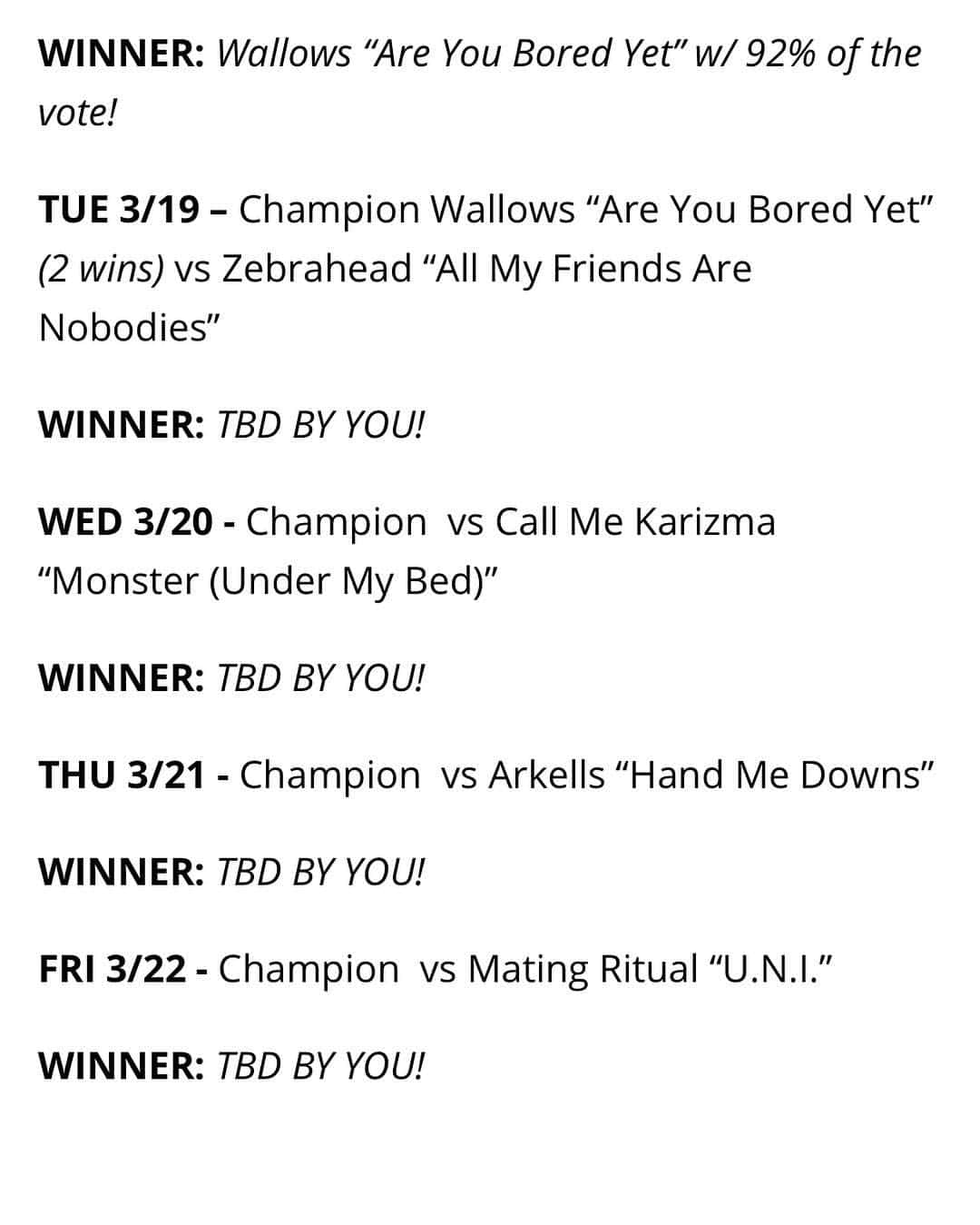 Zebraheadさんのインスタグラム写真 - (ZebraheadInstagram)「We're taking part in a competition on @x1075 tonight to see who gets the most votes for their song against @wallowsmusic ! See the info below and help us out please! This might be a long shot but hey we're not going down without a fight!  If you're not near a radio in Las Vegas, tune into X107.5 using the ALL NEW Radio.com <http://radio.com/> app on your smart device! It's all about New Music in THE BEATDOWN w/ Pauly Kover, weeknights at 9PM on X107.5. We play NEW songs back-to-back and then YOU get to vote. Winner moves on to the next night against another NEW song with hopes of winning 10 nights in a row & entering The Beatdown Hall Of Fame… ***RULES - Both songs will air at 9PM PST and from 9-10PM, you can vote for your favorite by... 1) Calling 702-791-1075 2) Texting the Centennial Toyota Text Line 7-3-1-0-0 (Msg & Data rates may apply). Only 1 vote per method. At 10PM, the votes will be tallied and the winner will be announced.*** Below is a list of this week's artists that are competing for the Championship - sponsored by EMERGE 5/31 - 6/1 at Hard Rock Hotel & Casino <https://x1075lasvegas.radio.com/blogs/emerge-unveils-first-artists-and-activists-las-vegas-event> MON 3/18 - NEW Champion Wallows “Are You Bored Yet” vs Ocean Park Standoff “Good Time”  WINNER: TBD BY YOU! TUE 3/19 – Champion  vs Zebrahead “All My Friends Are Nobodies” WINNER: TBD BY YOU! #Zebrahead #wallows #x1075 #lasvegas」3月20日 5時59分 - zebraheadofficial