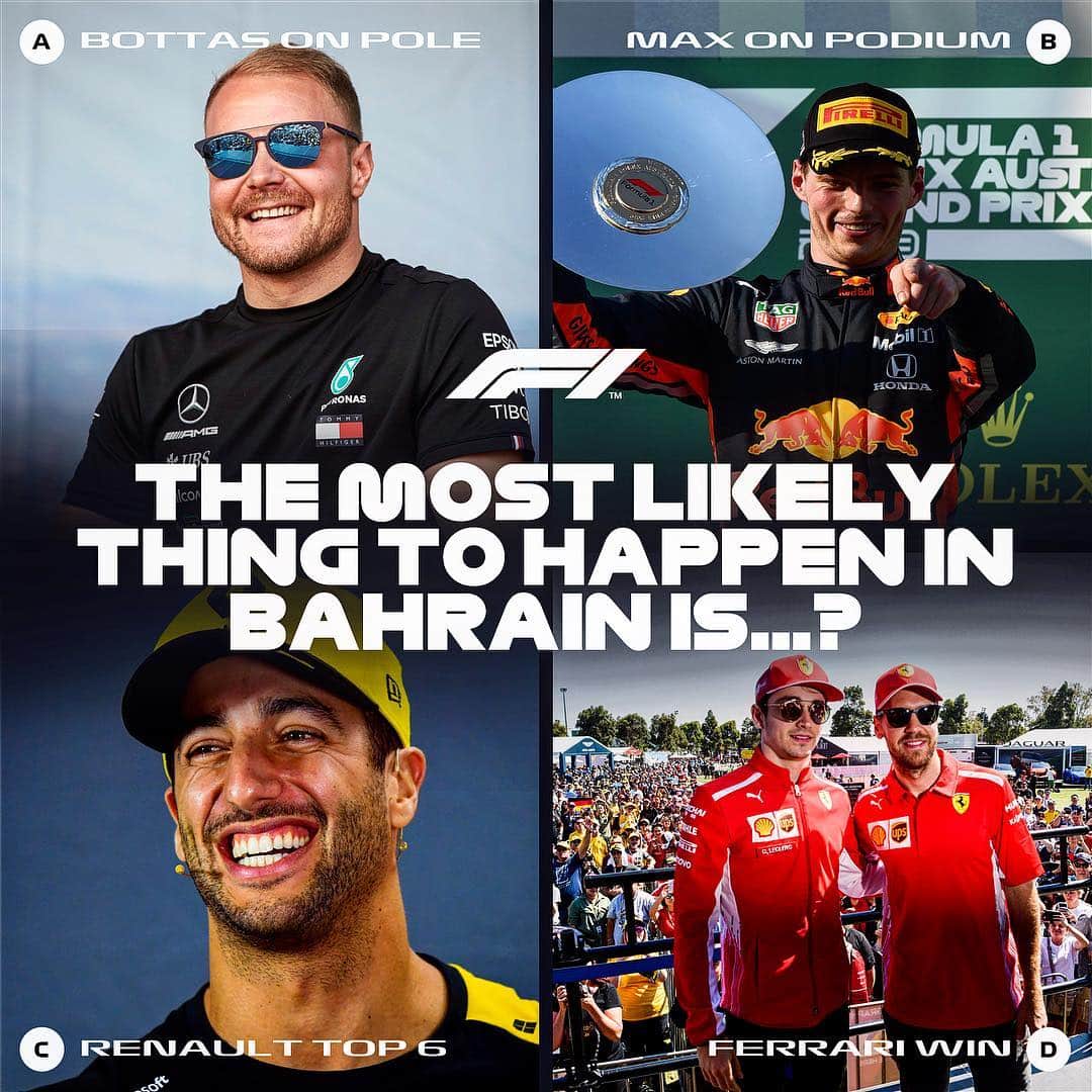 F1さんのインスタグラム写真 - (F1Instagram)「Early predictions for Bahrain? 🔠❓ .  Pick one ⬇️🇧🇭 .  #F1 #Formula1 #BahrainGP #Bahrain #Vote #Bottas #Verstappen #Renault #Ferrari @valtteribottas @maxverstappen1 @renaultf1team @scuderiaferrari @bah_int_circuit」3月20日 22時37分 - f1