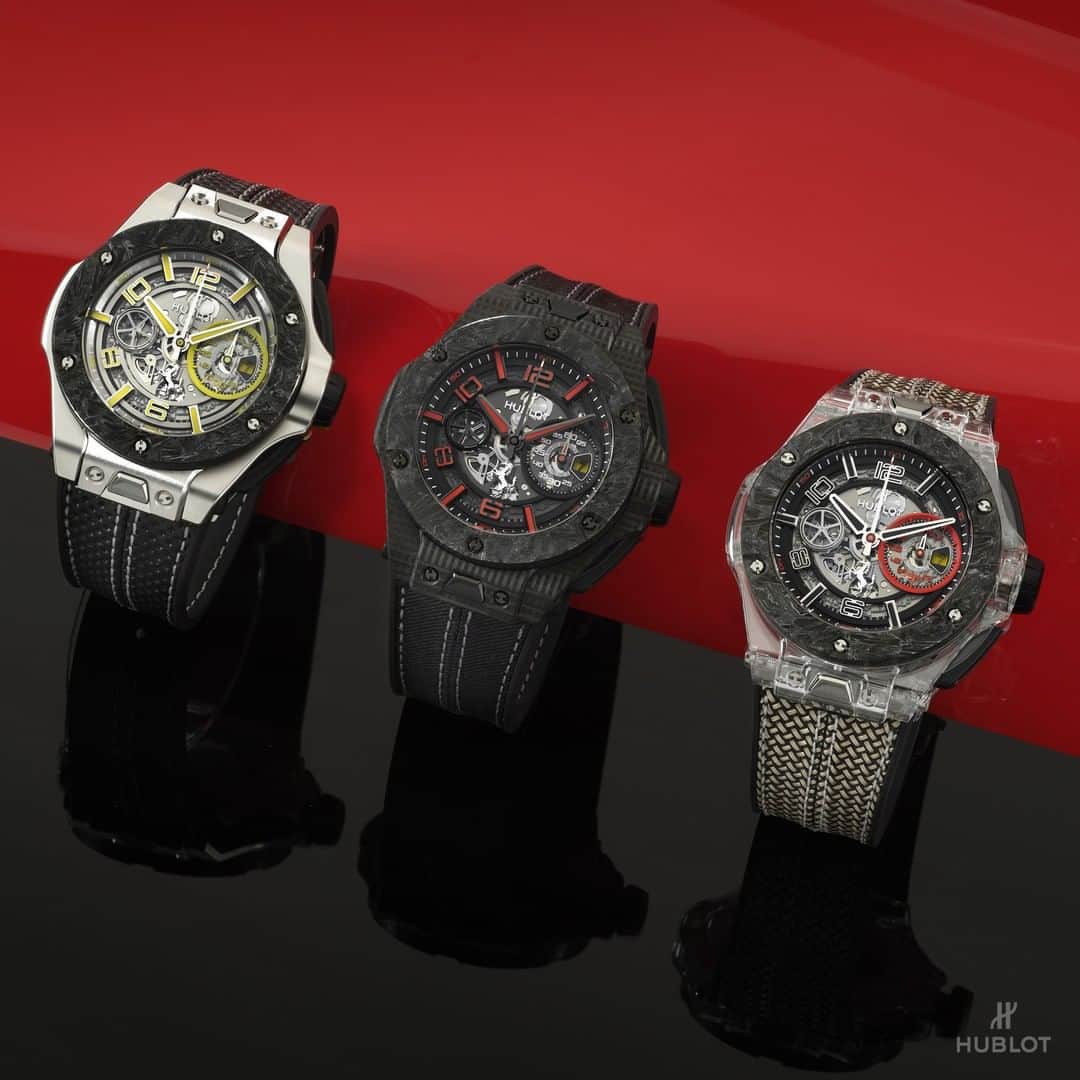 のインスタグラム：「Celebrating @scuderiaferrari's birthday with the launch of the new Big Bang Scuderia Ferrari 90th Anniversary. These pieces illustrate the development of the materials used in car racing over the years. The first version in platinium, is inspired by the early years of Scuderia Ferrari and its glorious past. The 3D carbon that is used to make the case of the second edition reflects the present day of #ScuderiaFerrari. The third model is instantly recognisable by its transparent case made from sapphire, an innovative material, giving it a resolutely futuristic style. #HublotFerrari #BigBangFerrari #HublotBaselworld #Baselworld2019 #Baselworld #Ferrari」