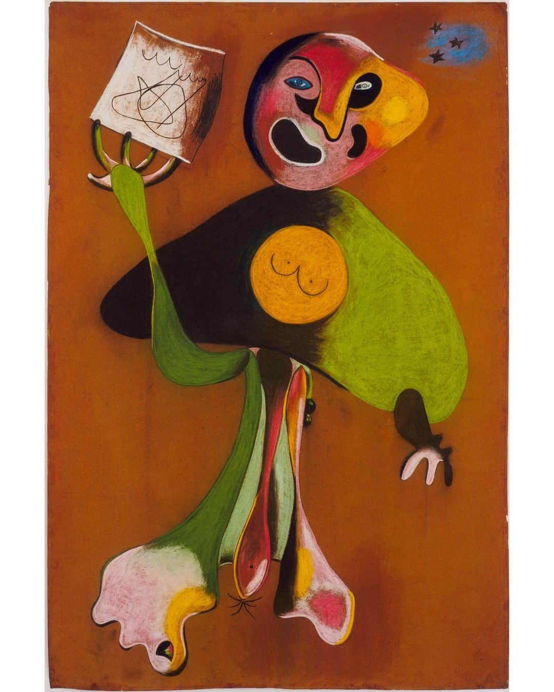 のインスタグラム：「“...I recall hearing music coming down the stairs from the library above, where my grandfather would seclude himself to read and listen to music—his other two passions beside his art.” … Inspired by his childhood memories, Joan Punyet Miró, the grandson of artist #JoanMiró, took on the challenge of understanding his grandfather through his love of music—cataloging his grandfather’s vast collection of records and mapping sounds to colors and energies. Check out our Instagram Story for music and artwork pairings and hear more of the music of Miró: mo.ma/musicofmiro (link in bio) … [Credit: Joan Miró. “Woman (Opera Singer).” 1934. Pastel and pencil on flocked paper. Gift of William H. Weintraub. © 2019 Successió Miró/Artists Rights Society (ARS), New York/ADAGP, Paris]」