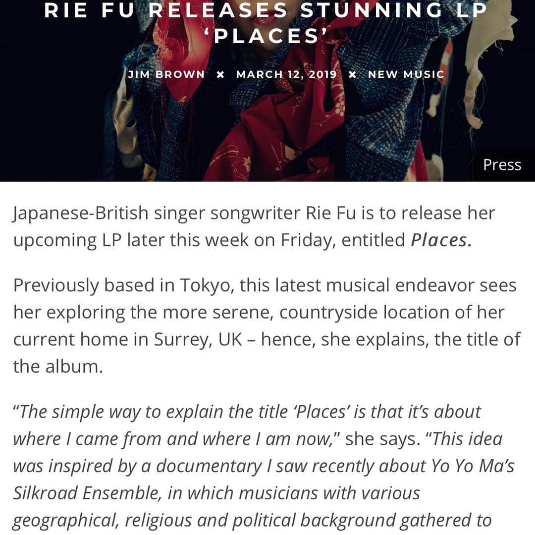 のインスタグラム：「Thank you @gigsoup for the wonderful article about my new album “PLACES” 🙌🏻Album link from biog↑ニューアルバムの紹介記事に感謝！新作音源はトップページのリンクから配信中🎧#riefu #places #newalbum #newmusic #singersongwriter #uk #japan」