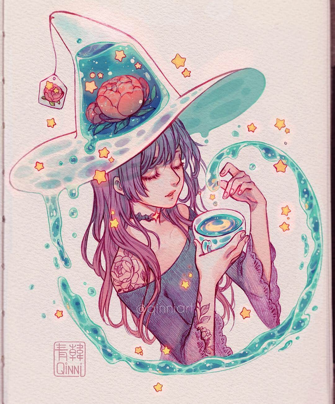 Qing Hanのインスタグラム：「Flower Tea hat 🌺💫 • It's ma birthdayyyyy 😁~ The only time I feel shameless enough to kinda promote my kofi page a little bit @-@~ if you enjoy my content, please consider buying me a kofi? Which I will then just buy tea with. But also coffee. I drink both 😆. link in my profile. Thank you guys so much for even just sticking around 💕 ~ sorry I haven't been posting as frequently as I even want to >_<~ I'm def gonna try to draw more and hope I can ignore my back pain into oblivion 😂~ In the mean time, I do post more random scraps of doodles or processes on Twitter. I don't know why but I feel like I can just chuck random stuff on Twitter; maybe it's cause the interface isn't the best for art posting anyways lmao~ • My next heart CT is in a week and half, and I'm already nervous af. Trying not to think about what will happen if the drugs I'm trying doesn't work 😵~ gotta be positive and just ignore these thoughts hahaha~ Ps, forgot to add that that the tattoo was inspired by @zihwa_tattooer . I wish I could get one from her haha..unfortunately blood thinners, low immunity and tattoos don't mix xD;; • • • • #illustration #witch #stars #tea #coffee」