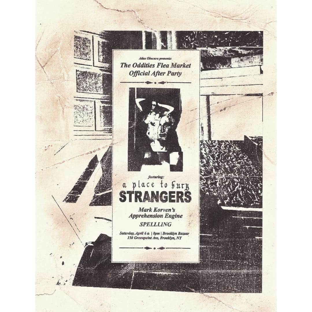A Place to Bury Strangersのインスタグラム：「Our next show is @bkbazaar on Saturday April 6th with @spellling & #markkorvens @apprehensionengine . It’s in conjunction with @odditiesfleamarket and @atlasobscura tix avail now.  https://bkbazaar.com/event/a-place-to-bury-strangers-mark-korven-the-apprehension-engine-and-spellling/  Poster by @livefastdiedrunk  #odditiesfleamarket#oddities #odditiesflea #curatedbyrmc#brooklyn #afterparty #aptbs #zazzy #dionlunadon」
