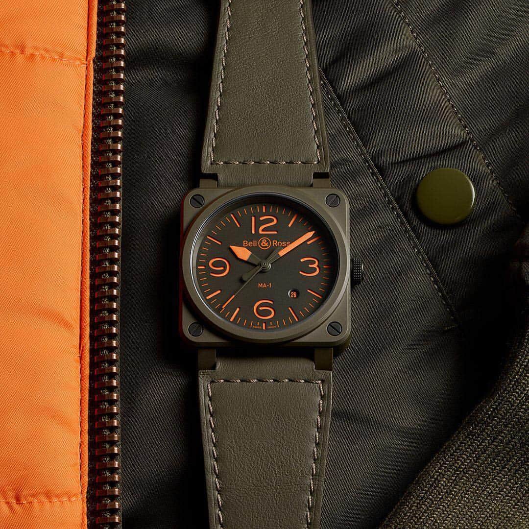 のインスタグラム：「Bell & Ross is excited to introduce you to its new model : The BR 03-92 MA-1, limited edition of 999 pieces. #fromthecockpittothewrist #BRmanifesto #BR0392 #MA1 #timeinstruments #precisionperformance #BellRoss #FlightInstruments  #BellAndRoss #PilotWatch #baselworld2019」