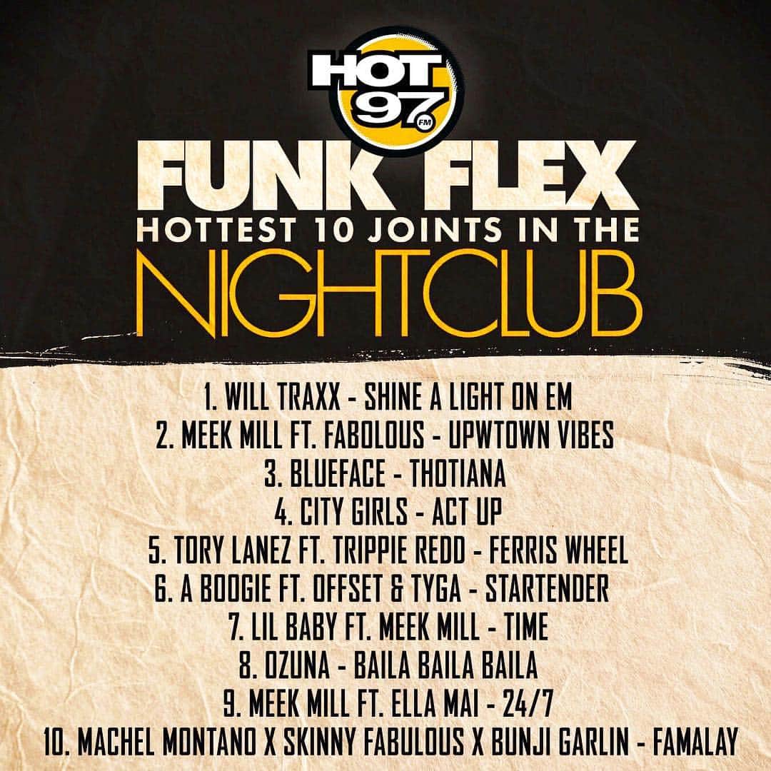 ファンクマスター・フレックスのインスタグラム：「1 @will_traxx - Shine A Light On Em  2 @MeekMill ft. @MyFabolousLife & @anuel_2blea - Uptown Vibes (Prod. by @nick_papz ) [[ @coonphilly + ]] 3 @BluefaceBleedem - Thotiana ( Prod. by @scum_beatz ) 4 City Girls - Act Up 5 @ToryLanez ft. @TrippieRedd - Ferris Wheel (Prod. by @ozmusiqe + @dezwright ) 6 @artisthbtl ft. @offsetyrn & @tyga - Startender (prod. by @tminus ) [ @qp_hbtl + @babydubai_hbtl + @emm.six ) 7 @lilbaby_1 ft.  @MeekMill - Time (Prod. by @ayethatsquay ) 8 @Ozuna - Baila Baila Baila (Prod. by @djluian + @mambokingz + @jownyboomboom + @hydropr ) 9 @MeekMill ft. @ellamai - 24/7 (Prod. by @austinpowerz + @producer_ey + @ozmusiqe + @prologicmusic ) 10 @machelmontano x @skinnyfabulous x @bunjigarlin - Famalay @wilmajor」