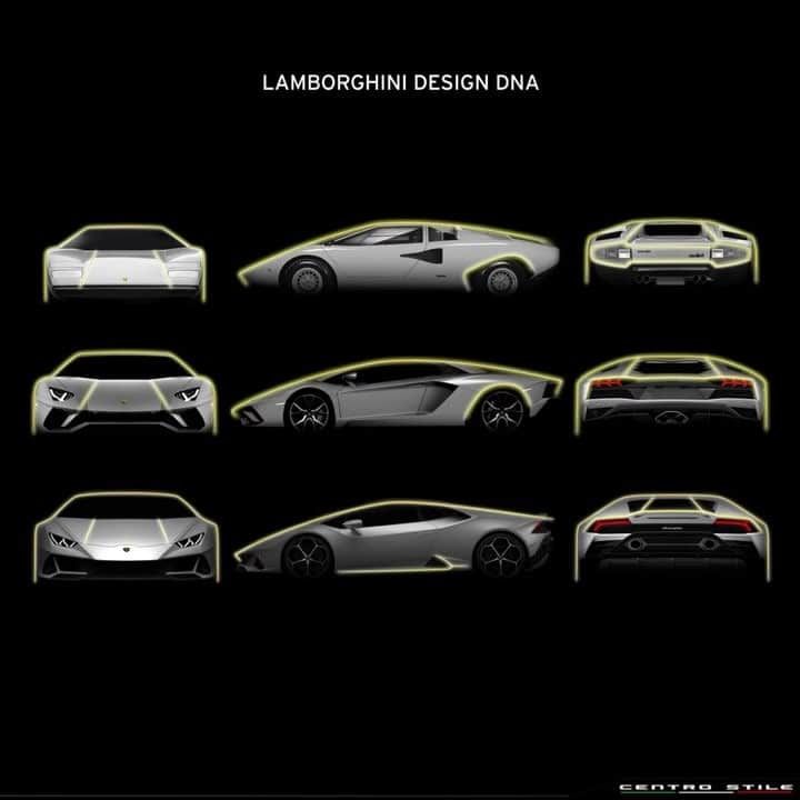 ランボルギーニのインスタグラム：「To write a story, you start from a word. To make history, we started from a line. Here’s our strong DNA design, created by Centro Stile Lamborghini.  #Lamborghini #CentroStileLamborghini #Sketch #Countach #AventadorS #HuracanEVO」