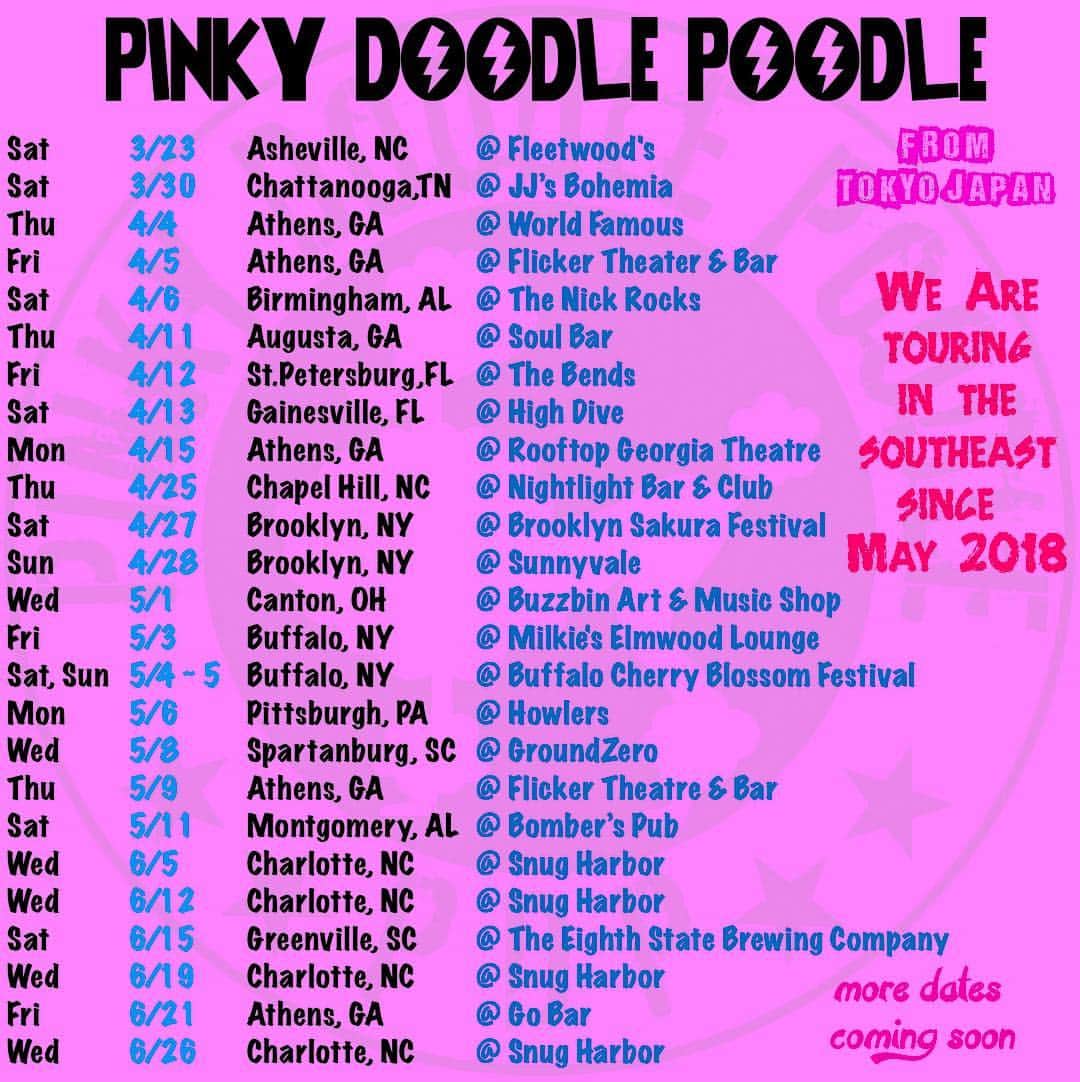 PINKY DOODLE POODLEさんのインスタグラム写真 - (PINKY DOODLE POODLEInstagram)「This weekend, we have a gig in Asheville, NC!! And we’re going to North East area in late April to early May!! Yeah! Yeah!! Yeah!!! . .  #tourdates #pinkydoodlepoodle  #pdp  #ustour2019  #highenergyrocknroll  #livemusic #rockmusic #rock #rockband  #japanese  #tour #ustour #livetour  #tourlife #musicianlife #musician #gibsonguitars #gibsonbass #gibson #eb3 #lespaul #marshallamps #vintage #femalebassist #femalevocalist #アメリカ #海外旅行 #音楽」3月21日 3時23分 - pinkydoodlepoodle