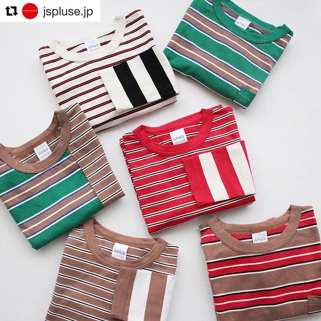 のインスタグラム：「. G.F.G.S×JOURNAL STANDARD +e コラボモデルリリース! JOURNAL STANDARD +e のwebでの限定販売です。 ぜひオンラインストアでチェックを! :  #Repost @jspluse.jp with @get_repost ・・・ 【JOURNAL STANDARD +e/ジャーナルスタンダードプラスイー】 : ▶︎G.F.G.S×JOURNAL STANDARD +e special order! : コラボレーションのボーダーカットソーが今季も登場! 完全受注生産のオリジナリティあふれるデザインで、他の人とかぶらない最旬ボーダースタイルにアップデート！ : MULTI BORDER COLLECTION  available online : @gfgs : : #journalstandard #js #pluse #baycrews #onlineshopping  #spring #gfgs #border #fashion #new #ジャーナルスタンダード #プラスイー #ボーダー #コラボ #しましま #カジュアルファッション #置き画 #おきがくらぶ #ファッション #お洒落好き #ファッション好き」