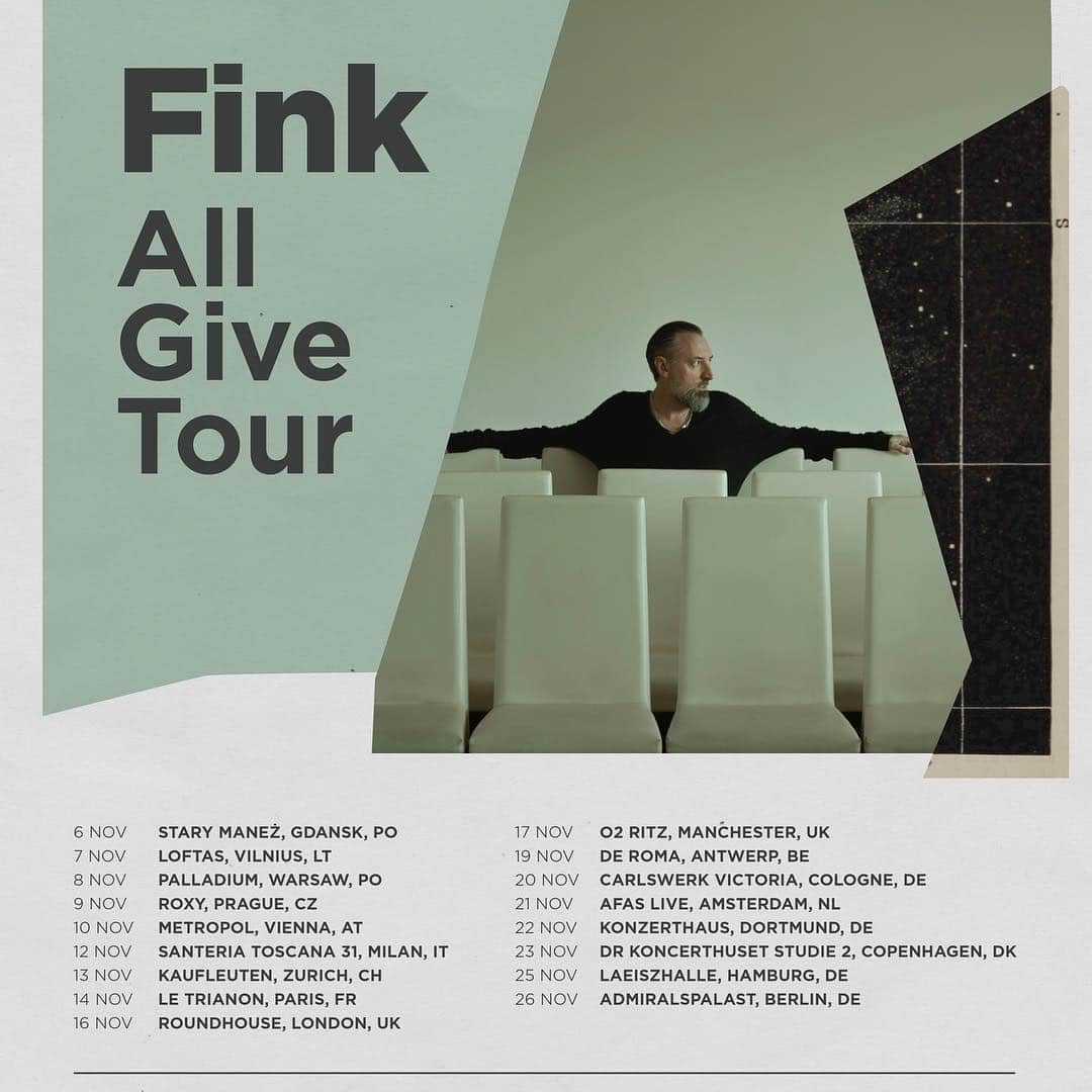 フィンクさんのインスタグラム写真 - (フィンクInstagram)「Here is the poster and the dates for our next excursion into Europe - the All Give Tour 2019 - featuring some of our favourite venues and cities to play - we can’t wait to bring some new music to the stage - we’ve been deep in the studio for what feels like forever – some of the results of which will definitely be part of the set on this run... we can’t wait to let it out there... Tickets are now available. Link in bio. #fink #allgivetour #tickets」3月21日 18時00分 - finkmusic