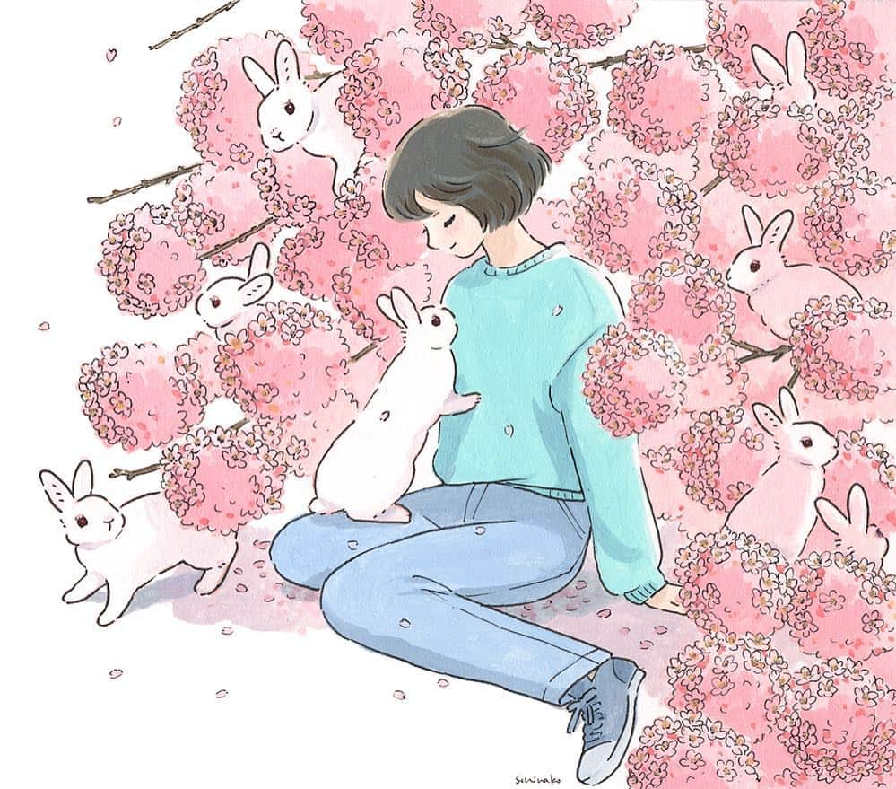 森山標子(しなこ)/Schinakoさんのインスタグラム写真 - (森山標子(しなこ)/SchinakoInstagram)「I guess bunnies are fairy of cherry blossoms. Because they have pink ears and nose🐇🌸 きっと桜の精。耳と鼻がピンクのうさぎさん🌸 * #illustration#art#drawing#design#acrylicpaint#アクリル絵の具#rabbit#bunny#うさぎ」3月21日 18時16分 - schinako