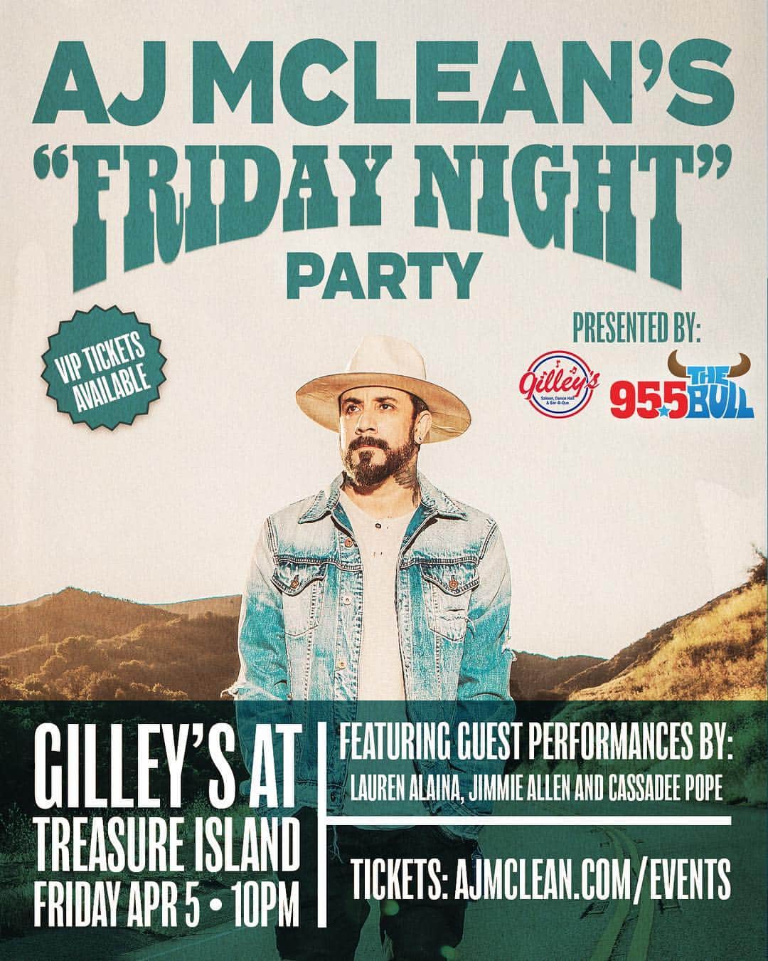 A.J.のインスタグラム：「Announcing my first annual Friday Night Party AND FULL BAND PERFORMANCE during ACM week at @tigilleys in Vegas and bringing out some friends, @laurenalaina, @jimmieallen, and @cassadeepope. GA and VIP and tix on sale now! AJMcLean.com/events  Your VIP ticket will provide general admission access to a special area within the venue, early access to venue, viewing of one live song during sound check, q&a with AJ McLean and a professional photo with AJ which will be posted on AJMcLean.com the day after the show.」