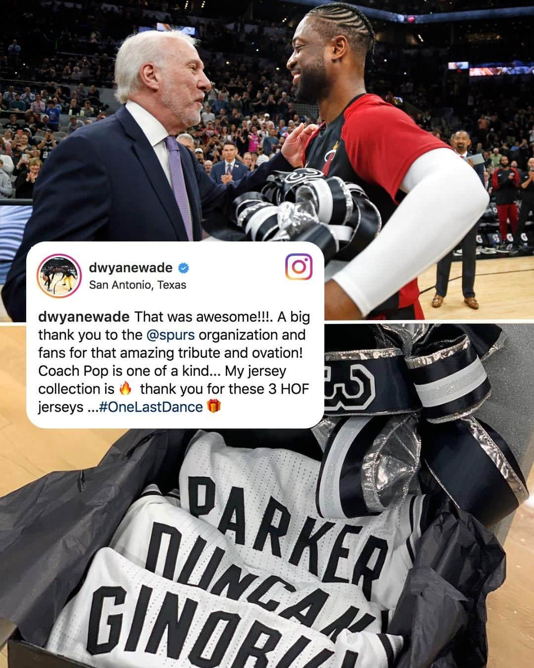 espnさんのインスタグラム写真 - (espnInstagram)「D-Wade’s signed jersey collection got a lot more 🔥, thanks to Coach Pop. #OneLastDance (via @dwyanewade)」3月21日 13時38分 - espn