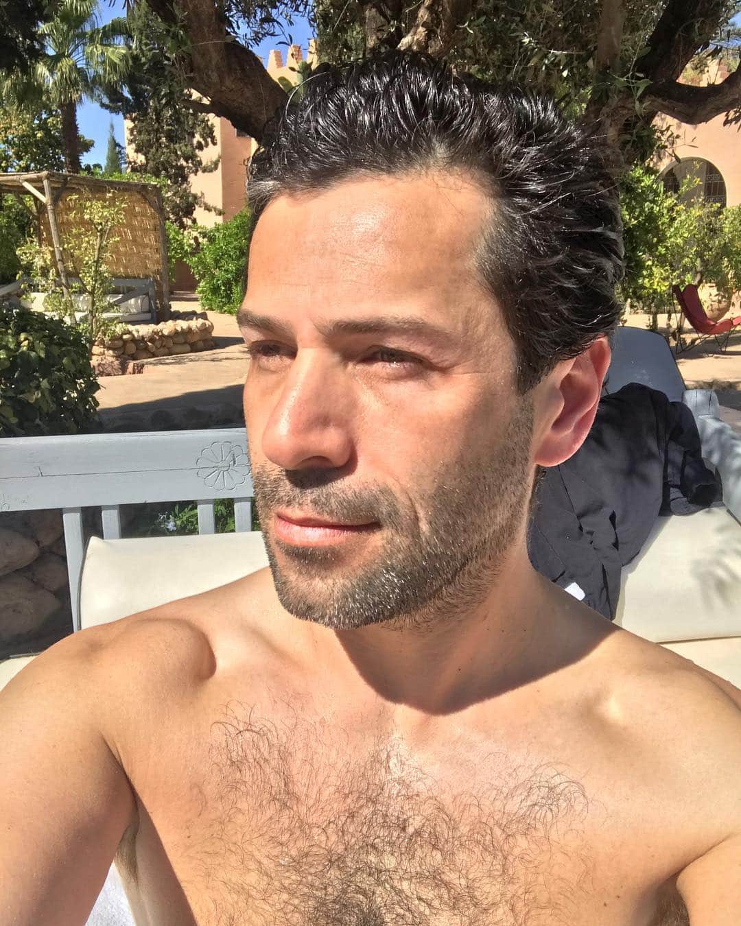 アレクシマビーユのインスタグラム：「Moroco last sunny morning @beldicountryclub @alexismabille #sun #tan #wethair #morningswim #beforethestorm #lastday #alexismabille #beard #moroco #portrait #lookingtothefuture」